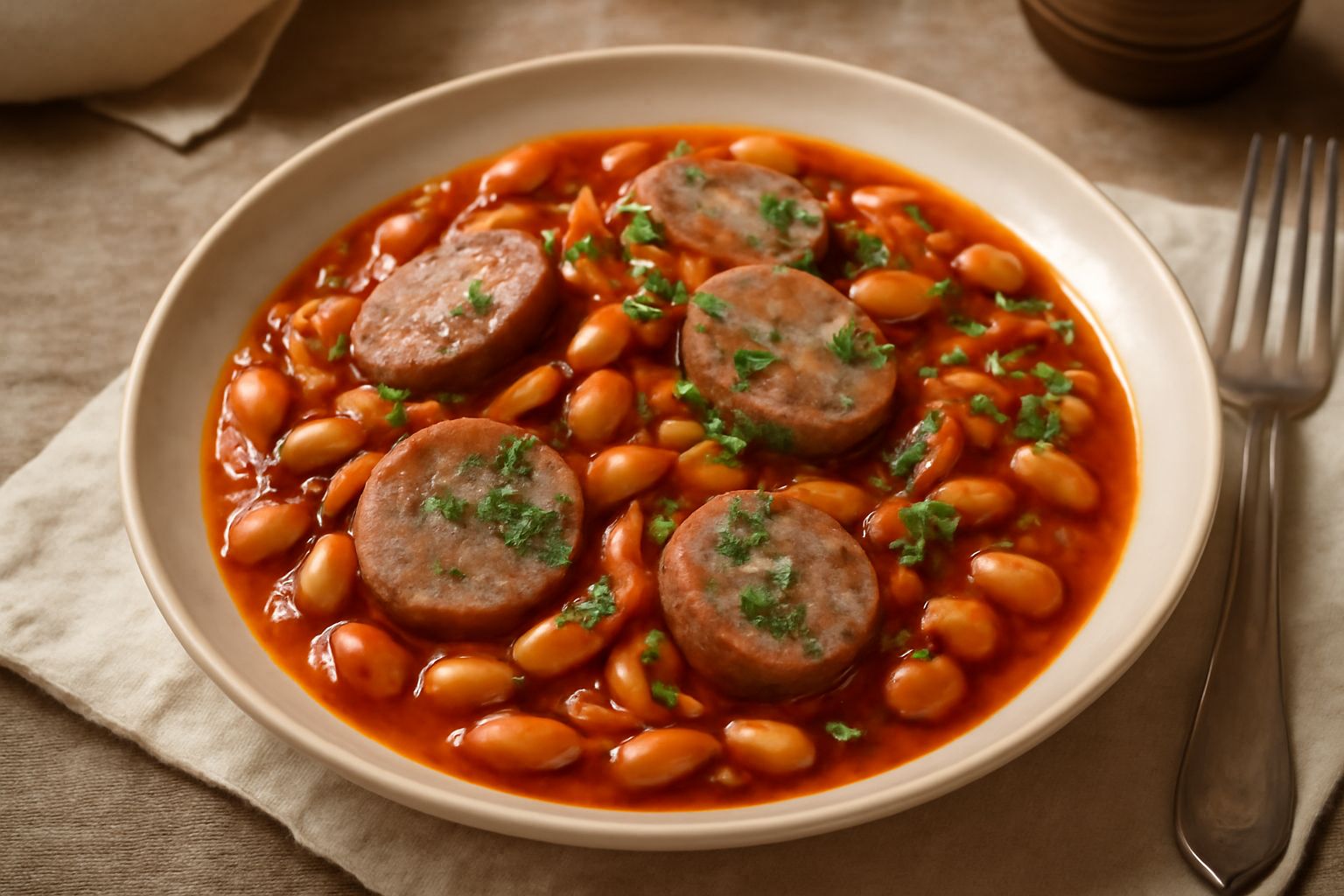 Piatto bianco con salsicce grigio-rosate tagliate a pezzi, fagioli bianchi in sugo rosso intenso, cipolla dorata, foglia di prezzemolo fresco sulla superficie