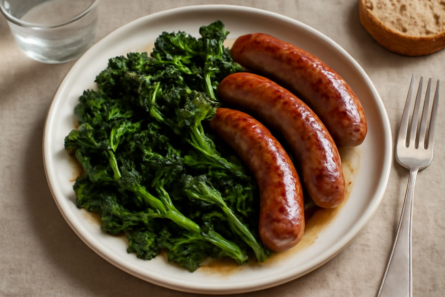 Salsicce dorate e friarielli verdi scuri in padella nera, con umido trasparente di vino bianco, aglio intero visibile, vapore caldo, tavolo scuro in background