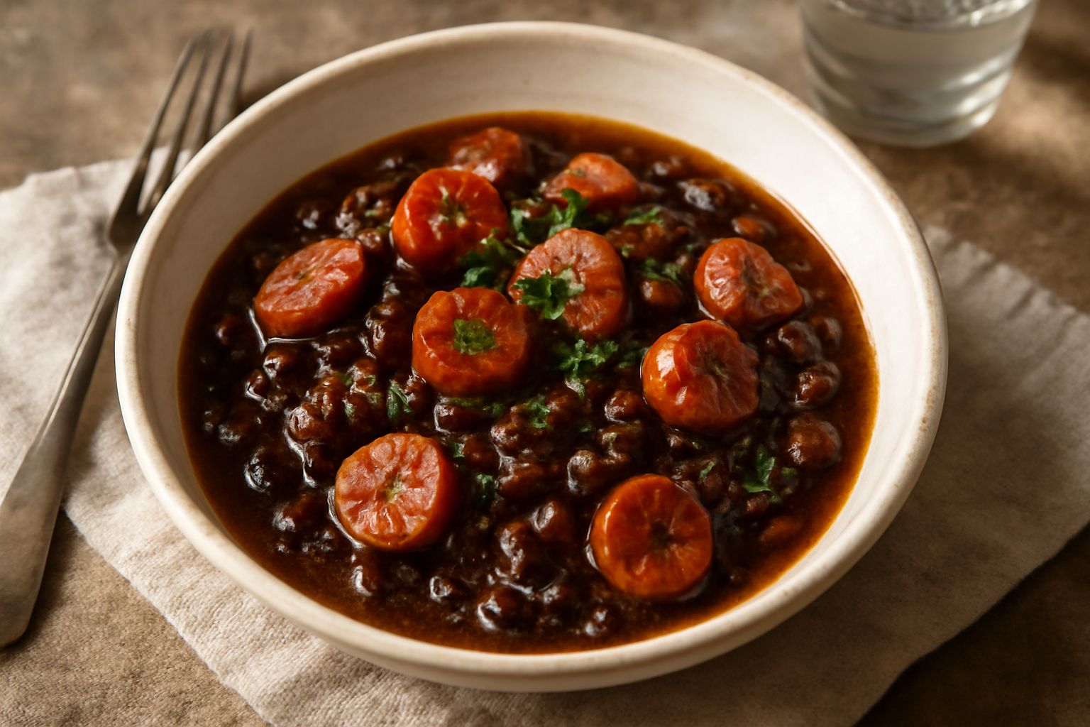 Salsicce intere e tagliate a rondelle in un tegame di terracotta, coperte da un sugo scuro con uva passa visibile, garnite con prezzemolo fresco e contornate da verdure appassite
