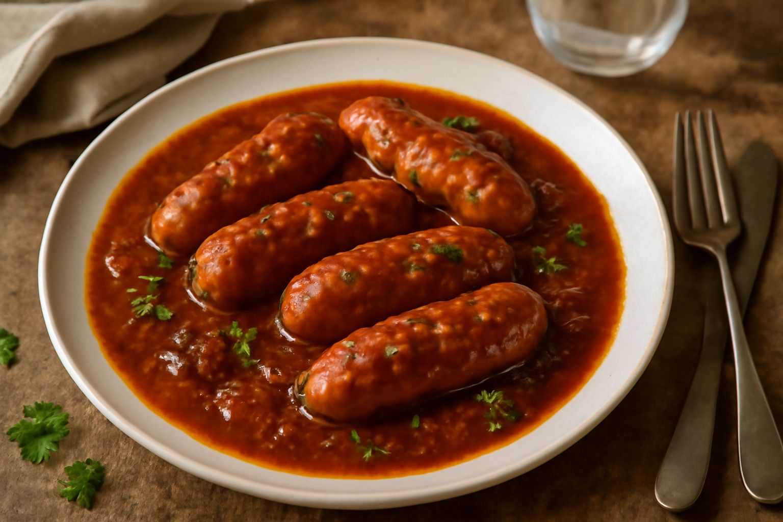 Salsiccette rosso-brunastre disposte su un piatto bianco con sugo di pomodoro denso, contorno di verdure soffritte leggermente caramellate e prezzemolo fresco tritato in cima