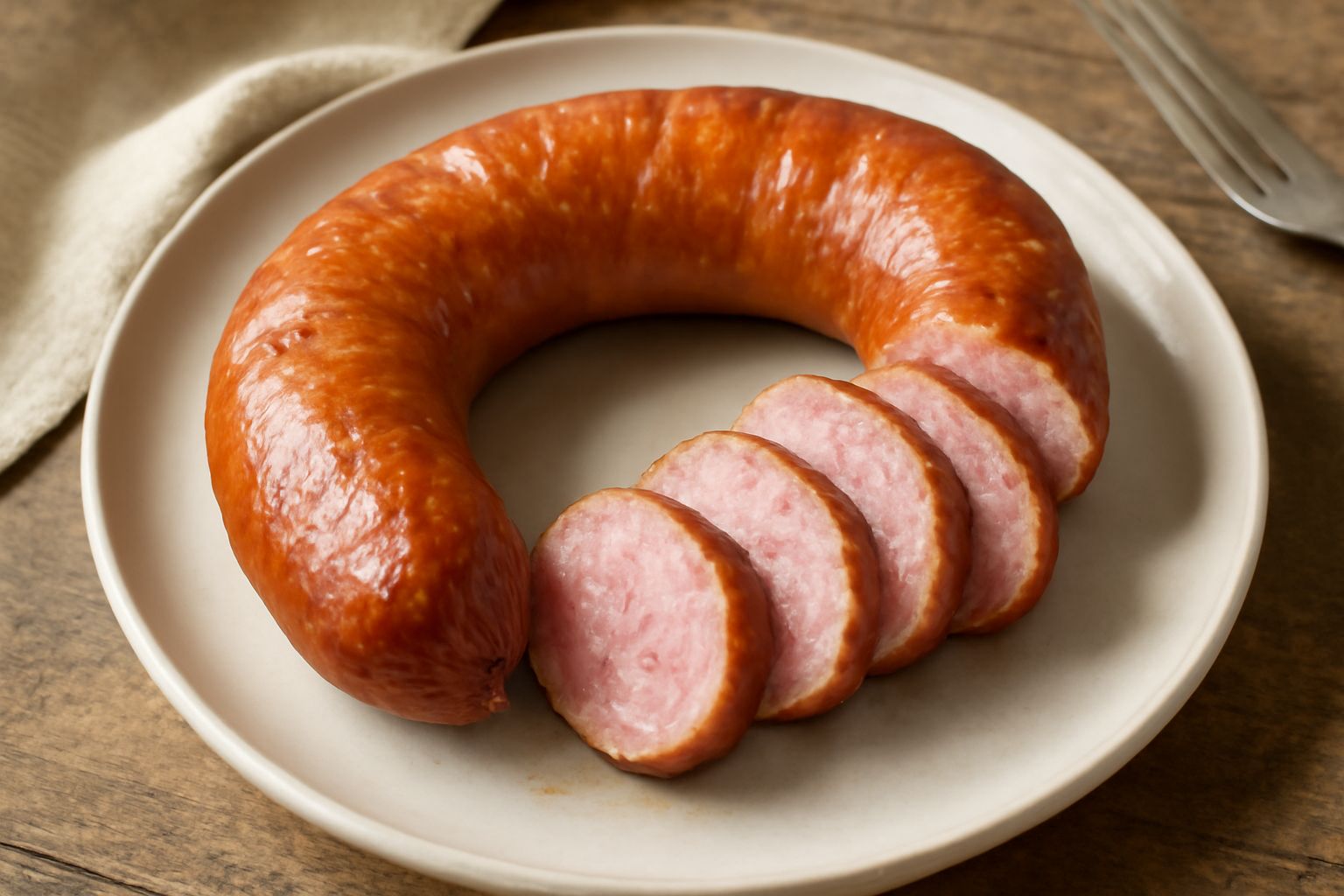 Salsiccia affumicata dorata e croccante servita in un piatto bianco con contorno di verdure crude e pane tostato