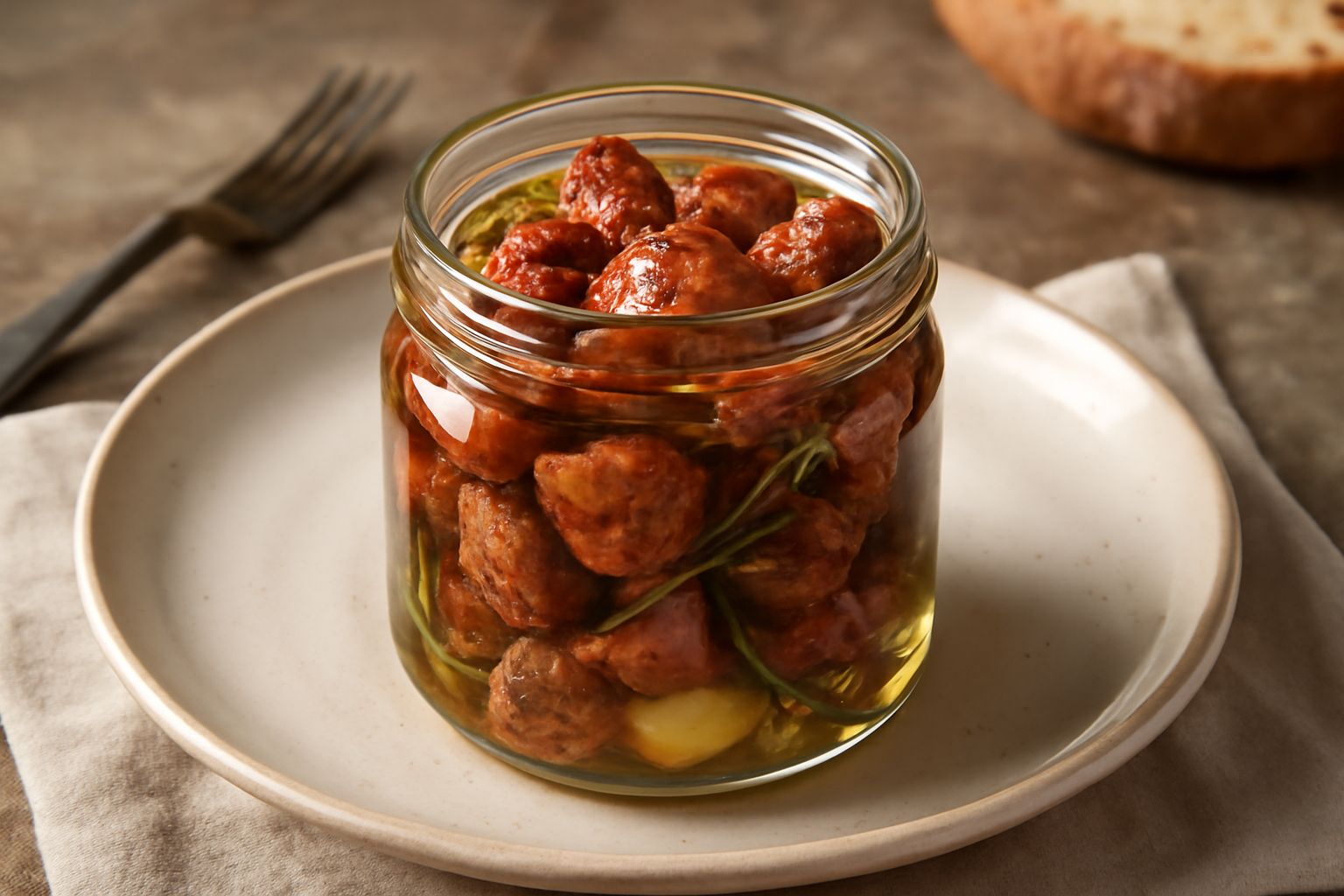 Barattolo di vetro trasparente con salsiccia affumicata tagliata a pezzi immersa in olio dorato, spicchi di aglio bianco e rametti di rosmarino visibili, tavolo di legno scuro sullo sfondo