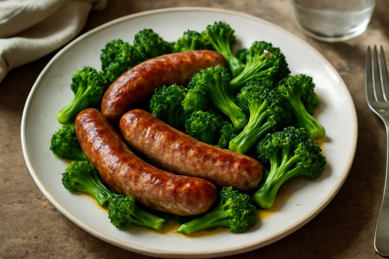 Piatto di salsiccia ai broccoli: due salsicce dorate tagliate a pezzi accanto a broccoli verdi intensi croccanti, lievemente sfumati di olio, su fondo bianco con filo di olio extravergine