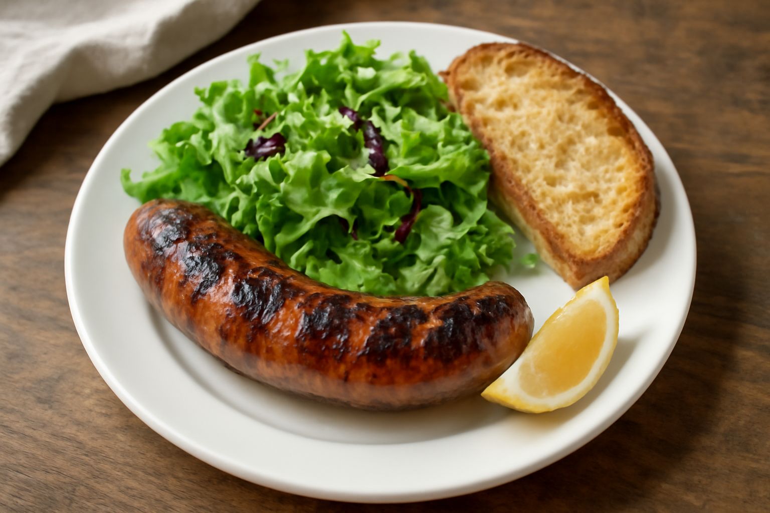 Tre salsicce dorate e marezzate dalla brace su una griglia di ferro, con striature scure dai segni del fuoco, contorno di insalata verde e limone fresco nel piatto