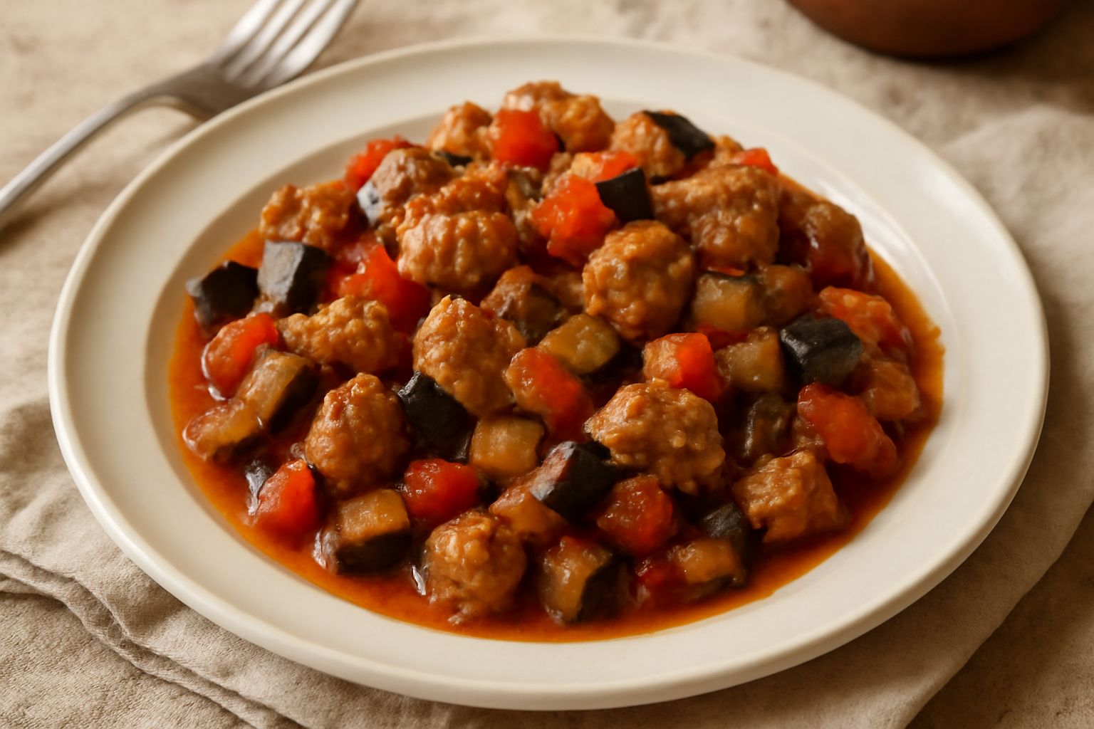 Salsiccia alla ghiotta in piatto fondo di ceramica bianca: salsiccia dorata con melanzane viola scuro e pomodori rossi in salsa, cipolla traslucida, pezzi interi di salsiccia sul fondo del piatto con 