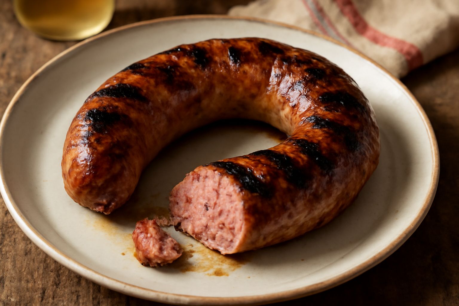 Salsicce dorate e caramellate sulla griglia, con striature scure dal fuoco, accompagnate da pane tostato, peperoni arrostiti e insalata verde fresca in piatto bianco