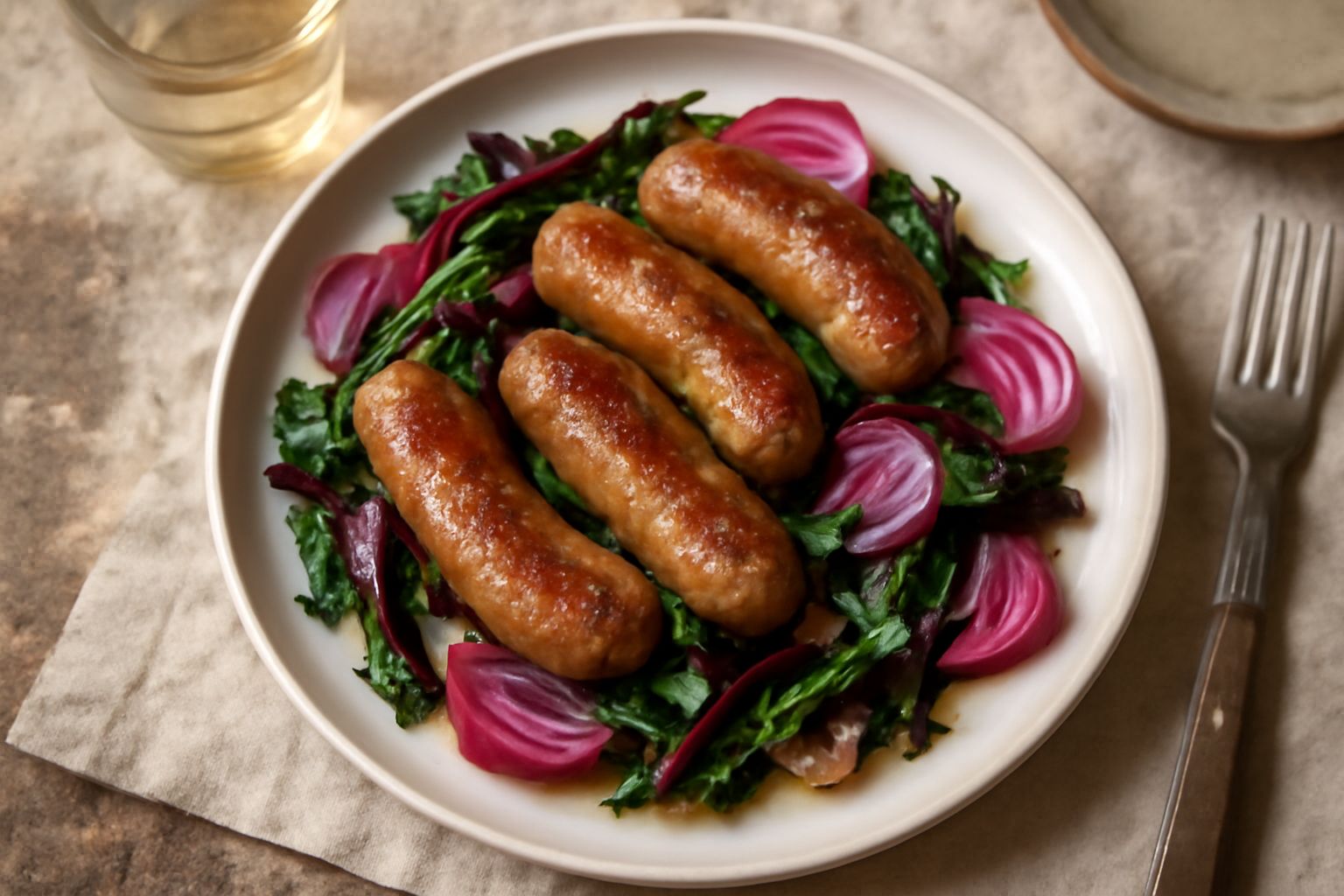 Piatto bianco con salsiccia fritta dorata tagliata a rondelle, rapa rossa tagliata sottile cruda, aglio e olio d'oliva verde dorato, contorno di pane casereccio tostato