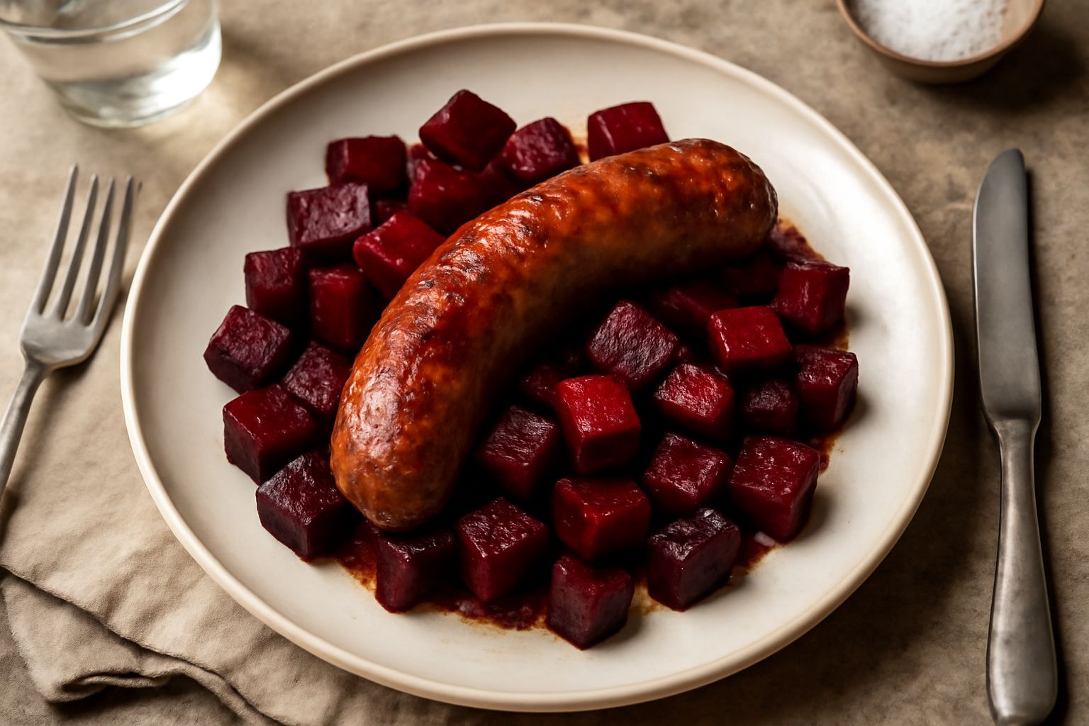 Salsiccia brunita con barbabietole rosse tagliate a dadini, disposte su un piatto bianco con qualche foglia di prezzemolo fresco e olio d'oliva lucido