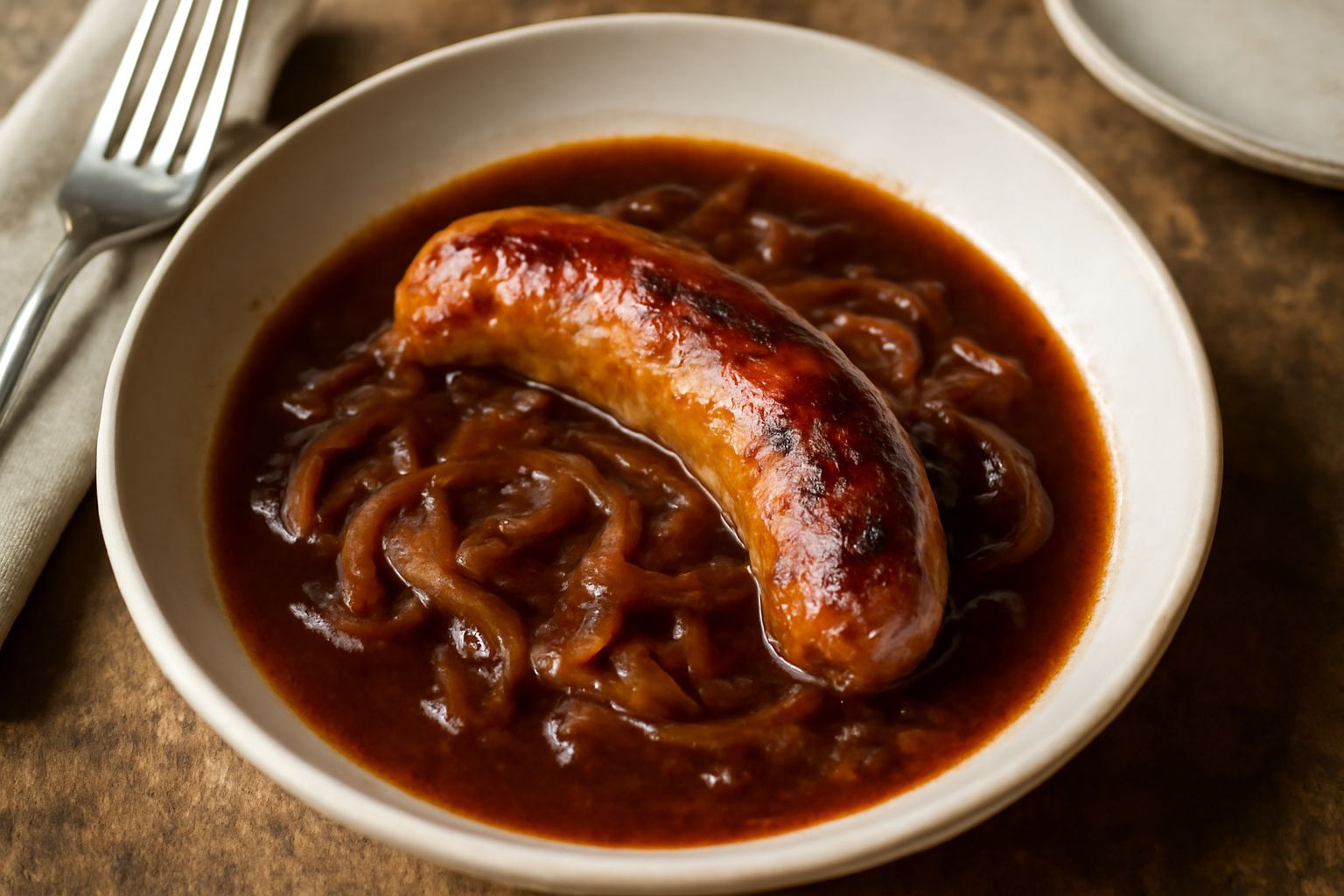 Quattro salsicce dorate in un tegame di ghisa scuro, coperte da un sugo vinoso marrone scuro con cipolle dorate e trasparenti, guarnite di prezzemolo fresco verde, con il tegame ripreso dall'alto su f