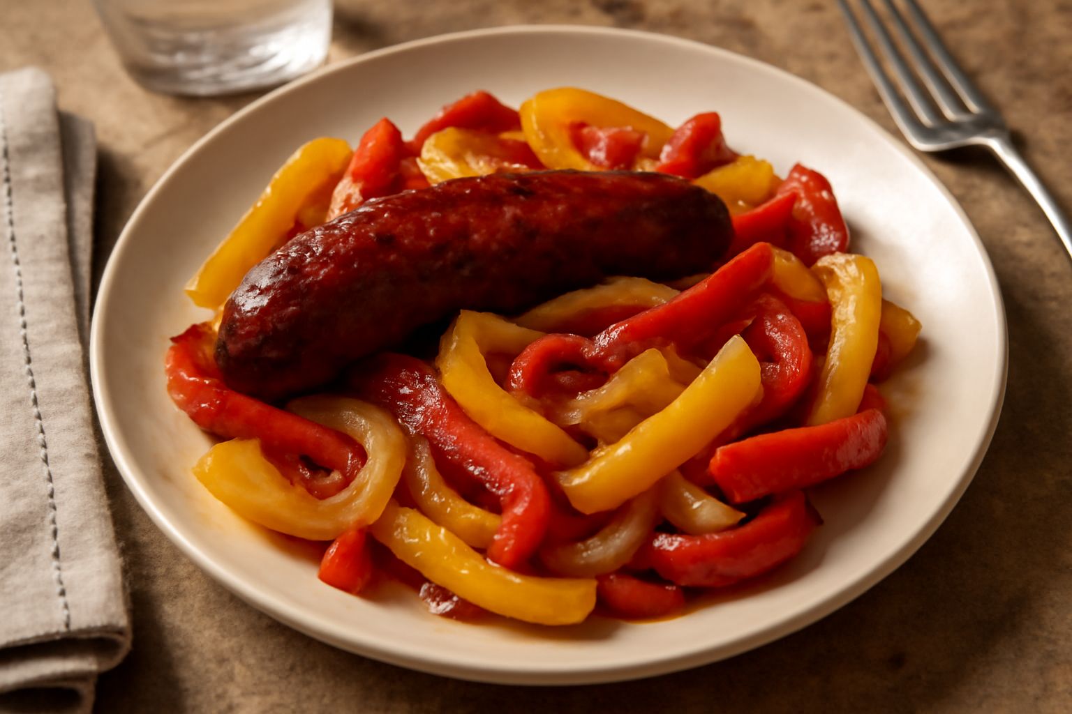 Salsiccia dorata con peperoni rossi e gialli a listarelle in un piatto bianco fondo, cipolla leggera e olio d'oliva lucido, contorno di peperoni croccanti in primo piano