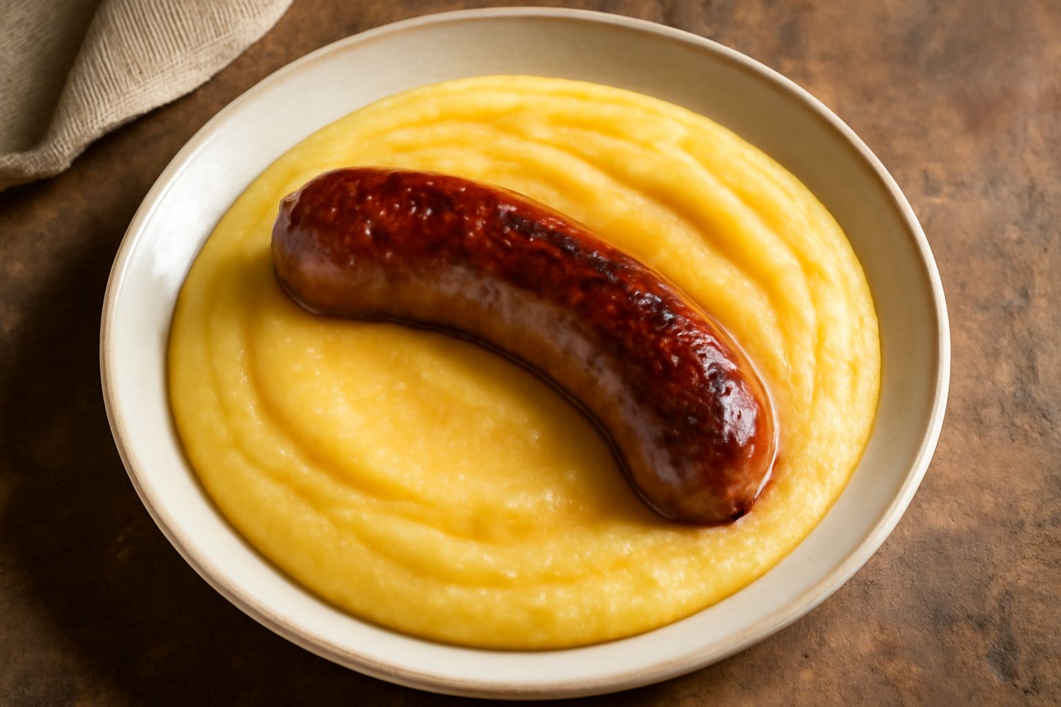 Un piatto bianco con polenta cremosa di colore giallo intenso, su cui poggia una salsiccia arrosto color marrone scuro, circondata da brodo di cottura; sopra un filo d'olio e sale grosso.