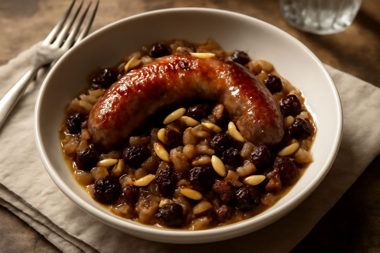 Salsiccia bruna e dorata in padella con uva passa scura dispersa sulla superficie, granelli di pinoli tostati sparsi sopra e attorno, cipolla bianca trasparente, fondo di padella nera con riflessi luc