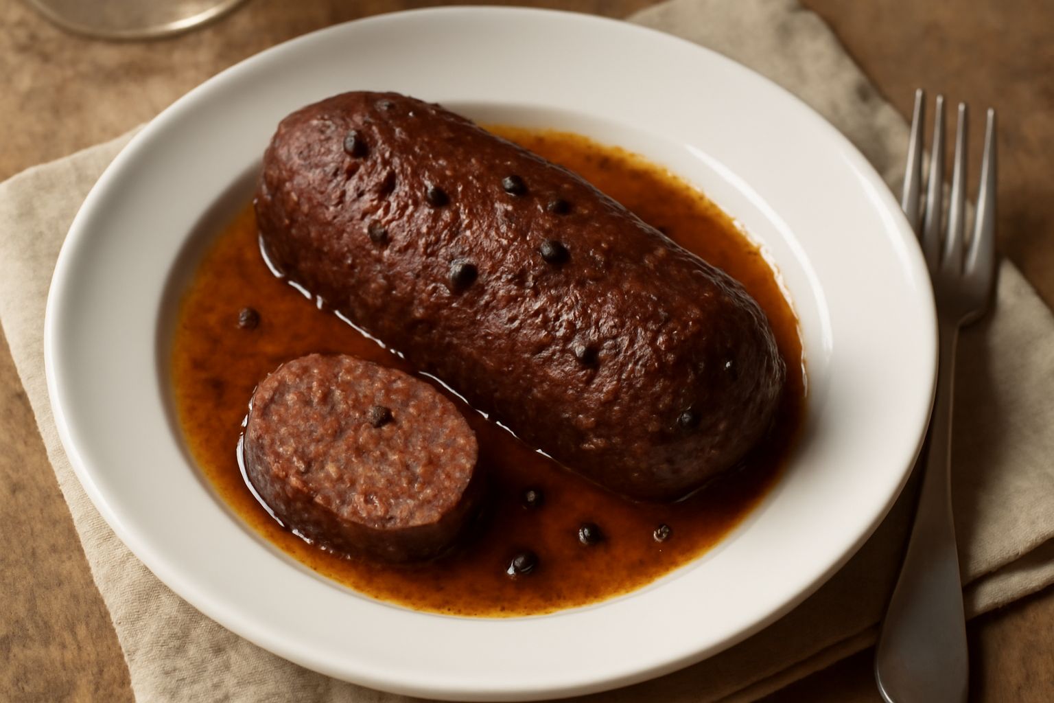 Salsicce conservate in vetro trasparente con colore marrone rossiccio, spezie visibili tra le carni, parzialmente immerse in grasso di maiale, disposte su tavolo di legno scuro accanto a erbe aromatic