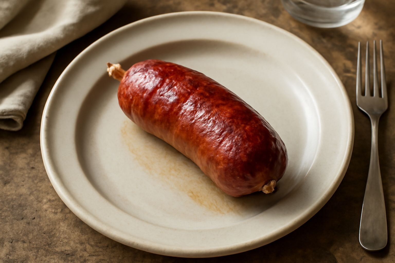 Quattro salsicce di Arnad di colore rosso scuro appena cotte in padella di ghisa, con un leggero riflesso di olio, contorno di salvia fresca e fondo rustico di legno scuro