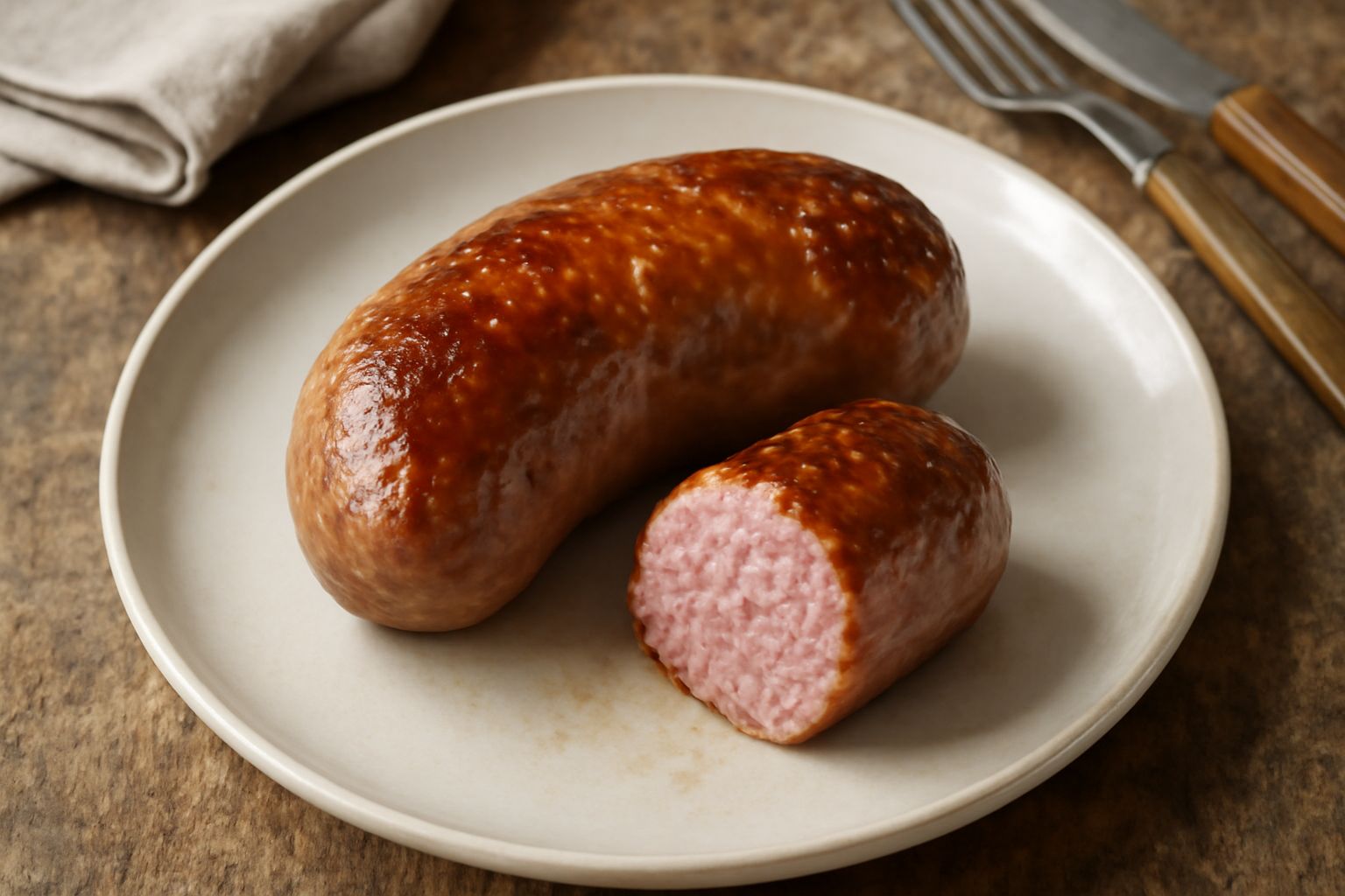 Salsiccia di Bassano cotta in padella, di colore marrone dorato con la superficie caramellata, accompagnata da fettine di cipolla e un rametto di rosmarino fresco