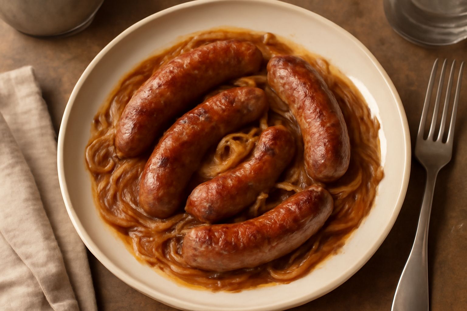 Salsiccia tagliata in pezzi dorati e cipolla gialla caramellata in padella di ferro, con rosmarino fresco, servita su piatto bianco con un bicchiere di vino rosso accanto