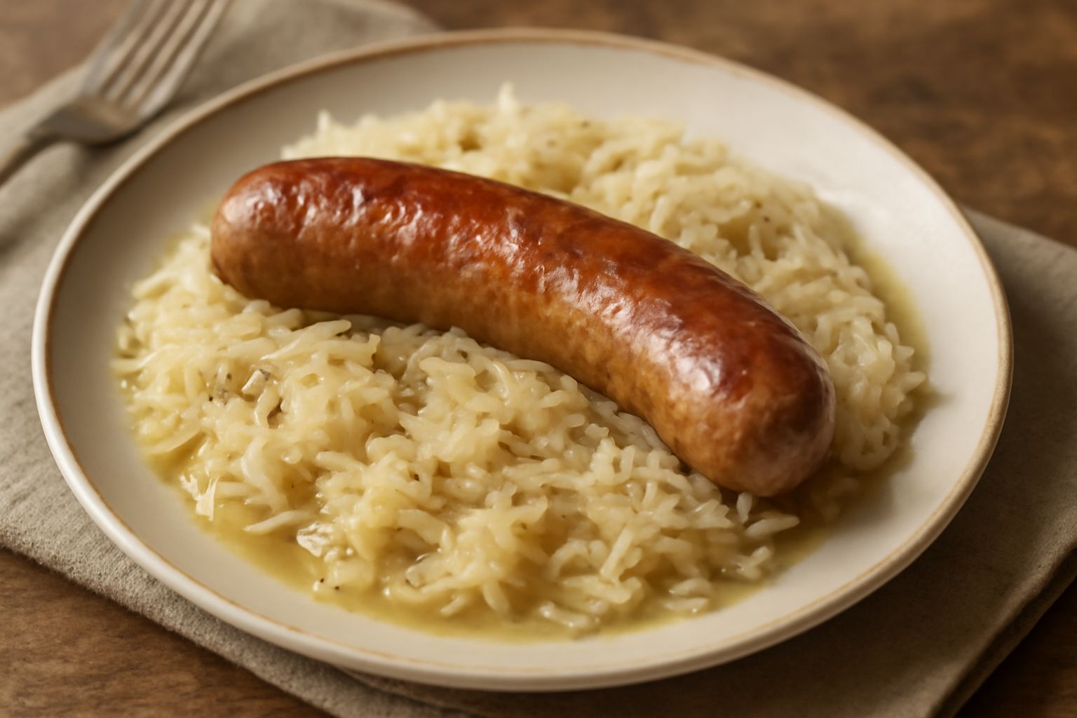 Piatto bianco con salsiccia dorata su letto di crauti color avorio e verde, serviti con liquido di cottura trasparente, guarniti da semi di cumino