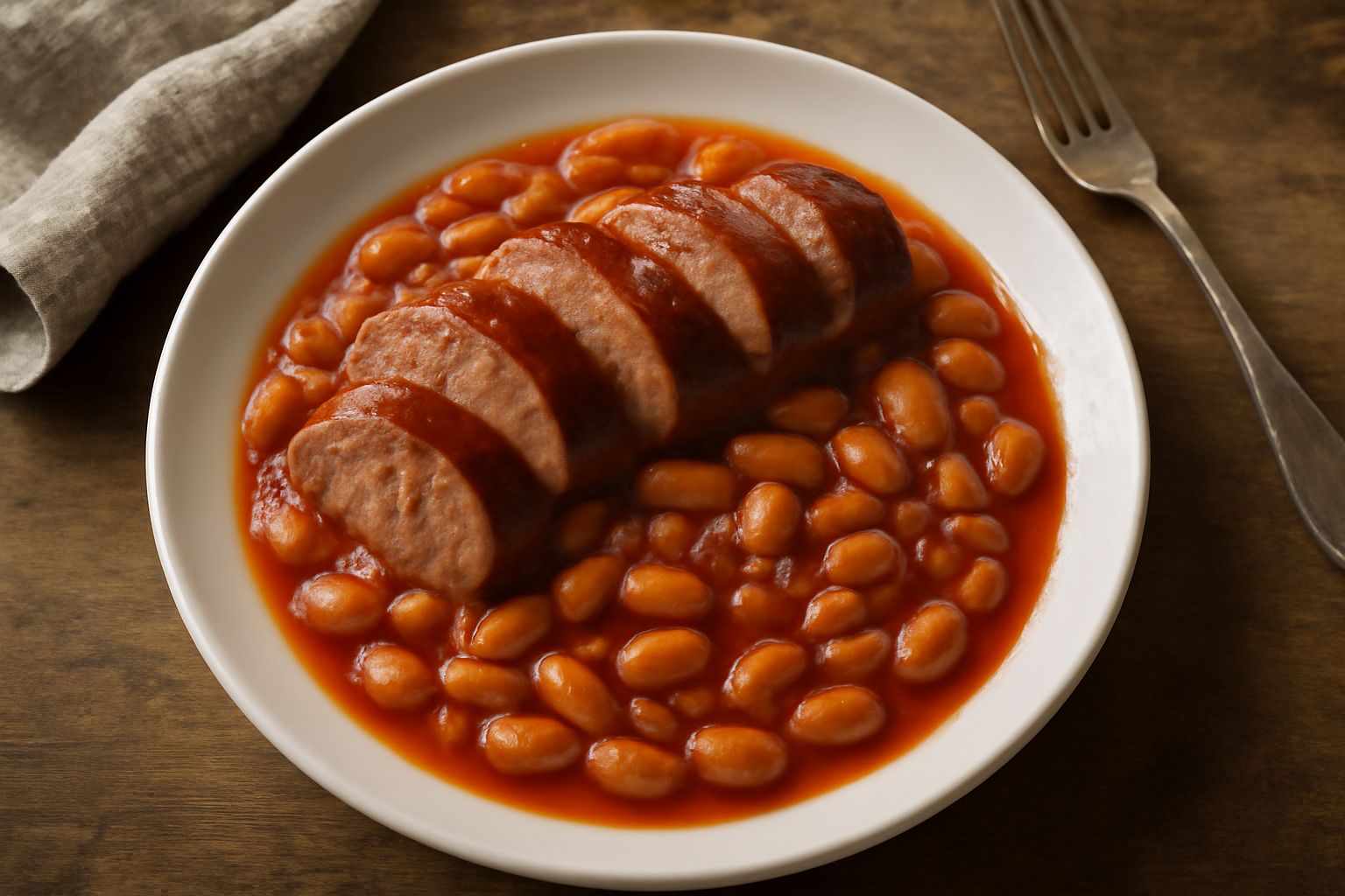 Piatto di ceramica bianca con salsiccia dorata tagliata obliqua circondata da fagioli bianchi e rossi in salsa di pomodoro, cosparto di prezzemolo fresco verde, contorno di pane tostato
