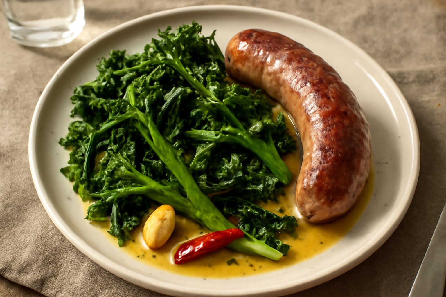 Piatto bianco con salsiccia brunita a fette accanto a friarielli verdi croccanti saltati, aglio dorato e peperoncino rosso, olio lucido in superficie, servito tiepido