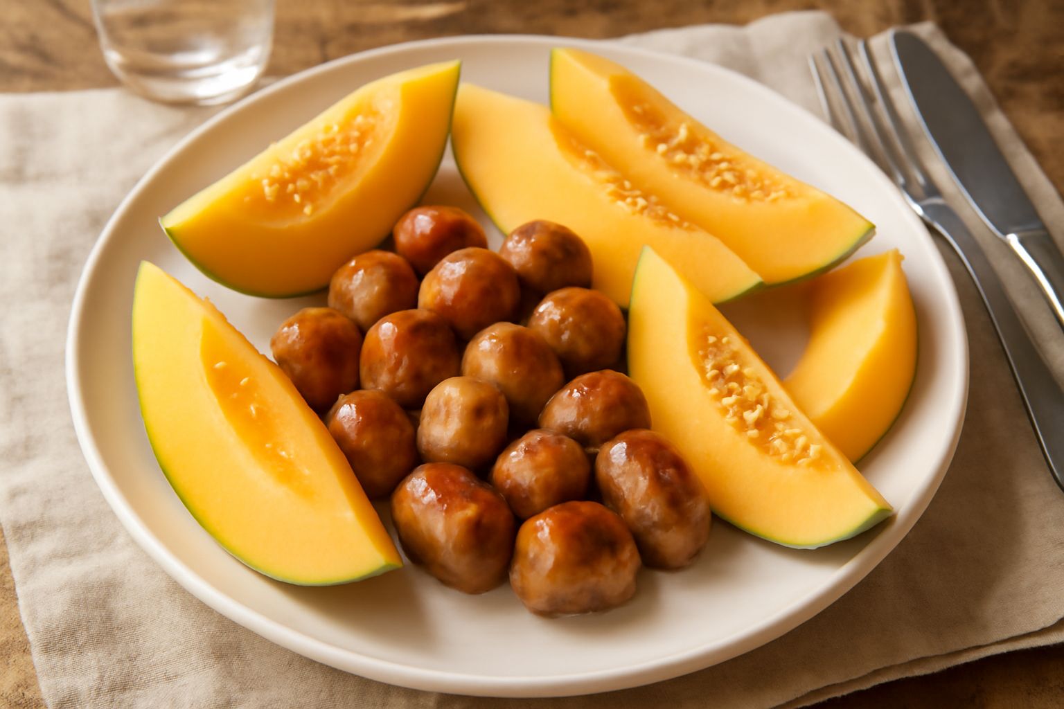 Salsiccia italiana rosolata di colore dorato-marrone disposta nel piatto con fettine di melone giallo-arancio dal lato, bordo bianco del piatto, guarnizione di menta fresca verde.