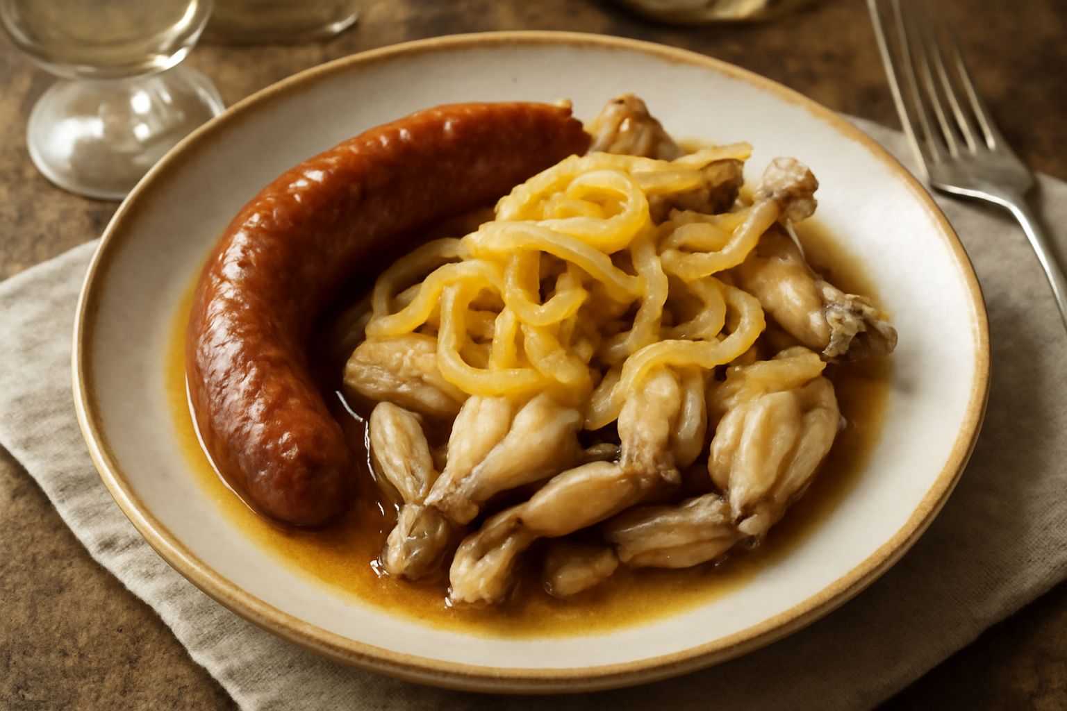 Padella in ghisa con salsiccia tagliata a rondelle dorate e cosce di rana intere, coperte da cipolla trasparente e prezzemolo fresco. Fondo di padella lucido, vapore leggero, piatto visto dall'alto su