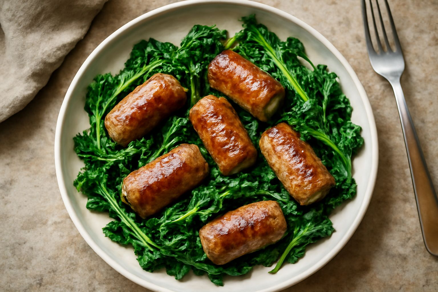 Piatto di ceramica bianca con salsiccia dorata tagliata a pezzi e rapa verde scuro saltata al burro, garnito con pepe nero macinato fresco, su sfondo di legno chiaro.