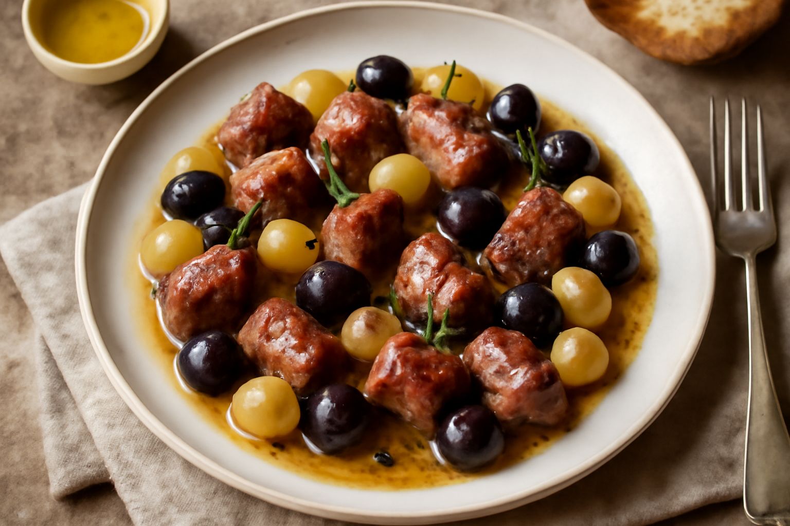 Salsiccia dorata in padella con uva bianca e nera, erbe aromatiche verdi e rosmarino, fondo scuro in ceramica, vapore leggero e luccichio del condimento