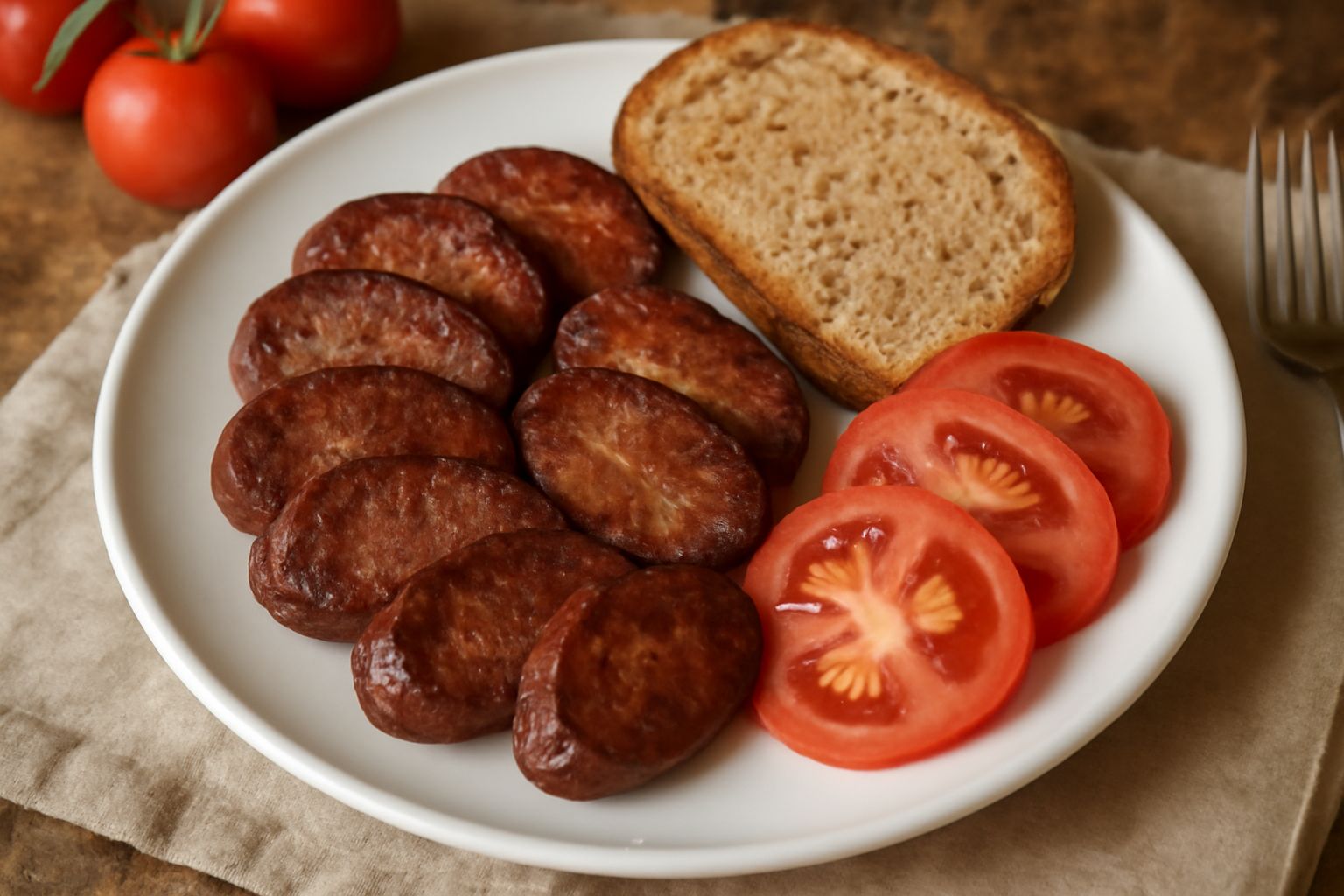 Piatto bianco con salsiccia affettata disposta a ventaglio, pane integrale tostato ai lati, pomodori rossi a fette, cetrioli e cicoria riccina, il tutto fotografato dall'alto con luce naturale.