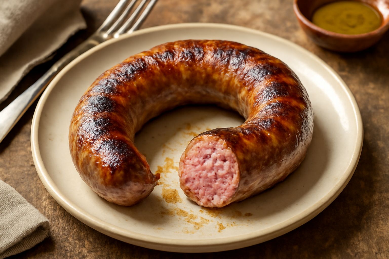 Tre salsicce fresche dorate e croccanti poggiate su letto di verdure grigliate, contorno di patate al forno sfumate, piatto bianco con cornice di prezzemolo fresco