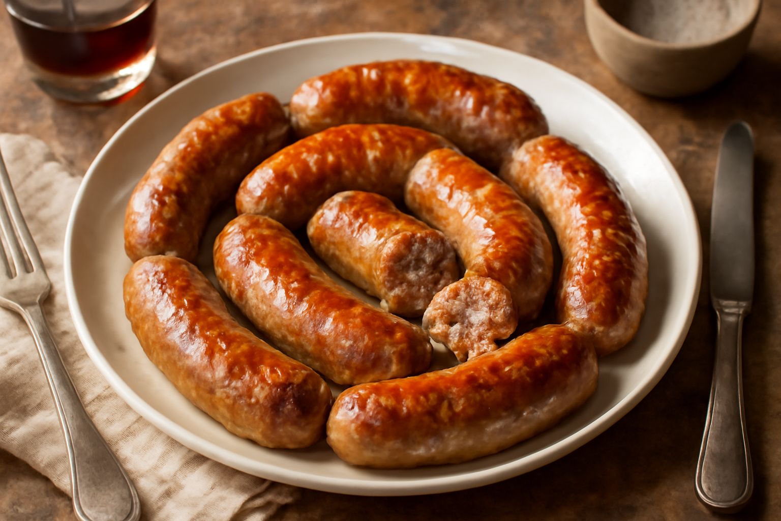 Tre salsicce fresche dorate e croccanti in teglia con rosmarino fresco e gocce di olio, circondate da peperoni gialli tagliati a pezzi e cipolle leggermente caramellate