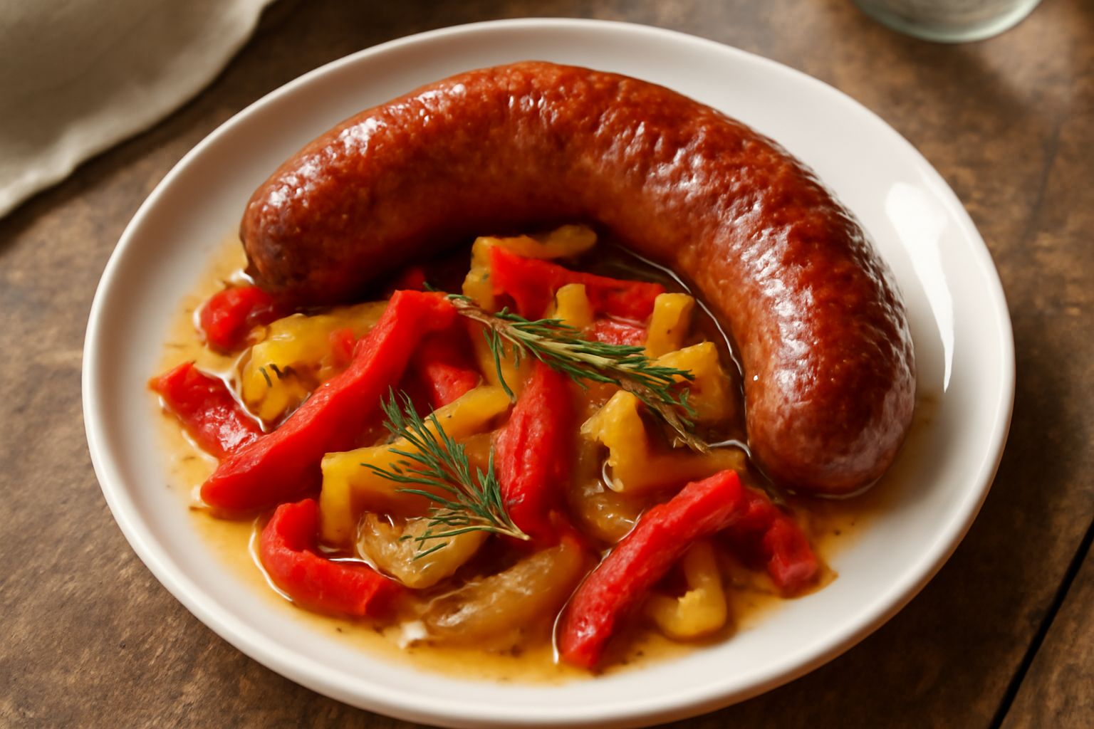 Salsiccia fresca arrosto dorata e croccante nel piatto, circondata da peperoni rossi e gialli arrostiti, cipolla caramellata, rosmarino fresco e succo trasparente sul fondo bianco