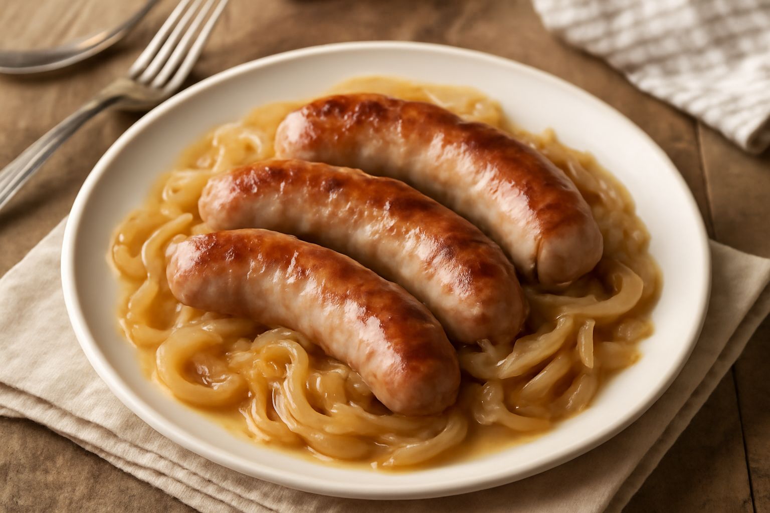 Salsiccia fresca dorata e cipolla caramellata color ambra in un piatto bianco, guarnita con prezzemolo tritato e accompagnata da pane tostato sul fondo