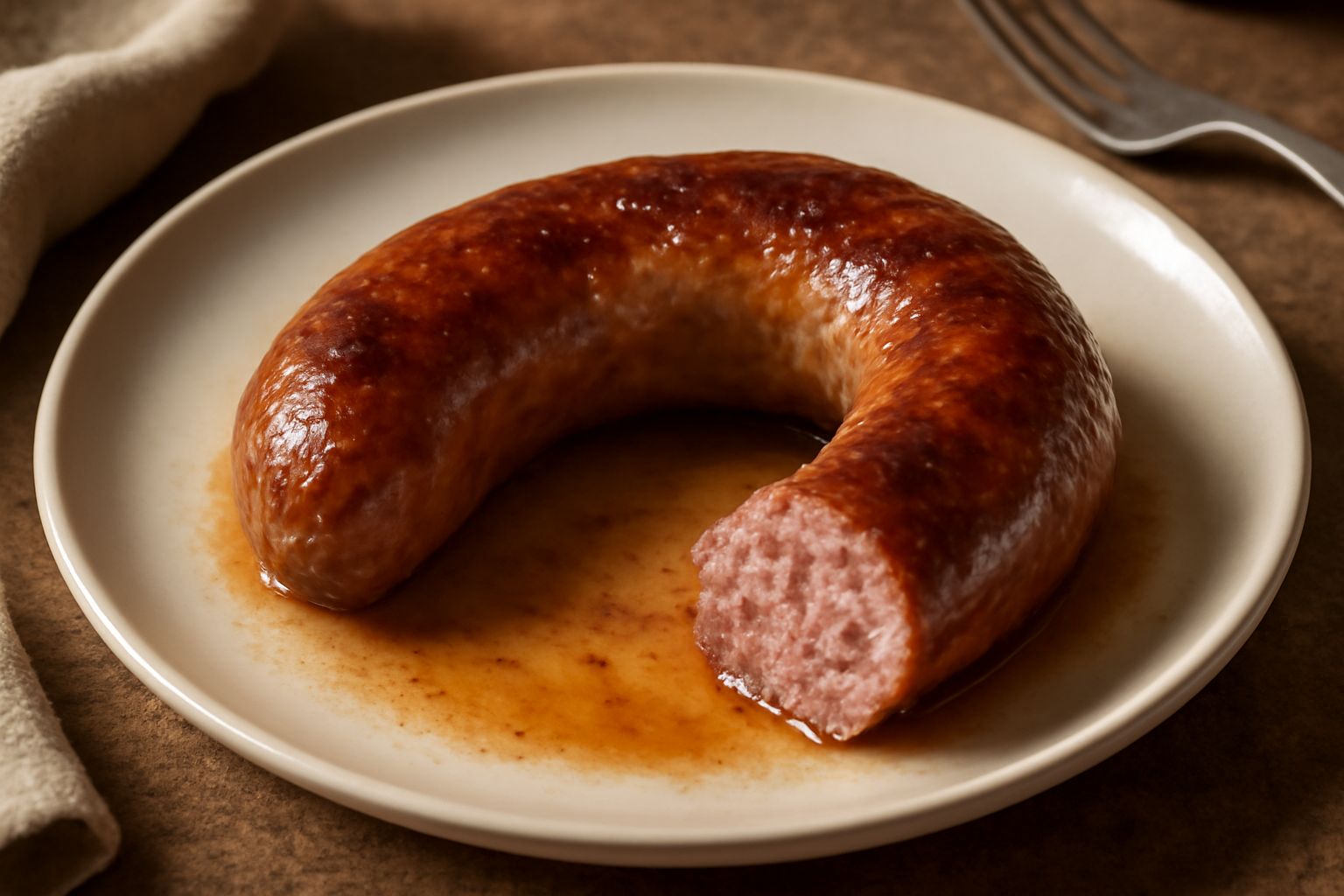 Tre salsicce dorate e croccanti in padella di ferro, accompagnate da peperoni rossi e gialli arrostiti, cipolla caramellata ai lati, vapore che sale dalla pentola
