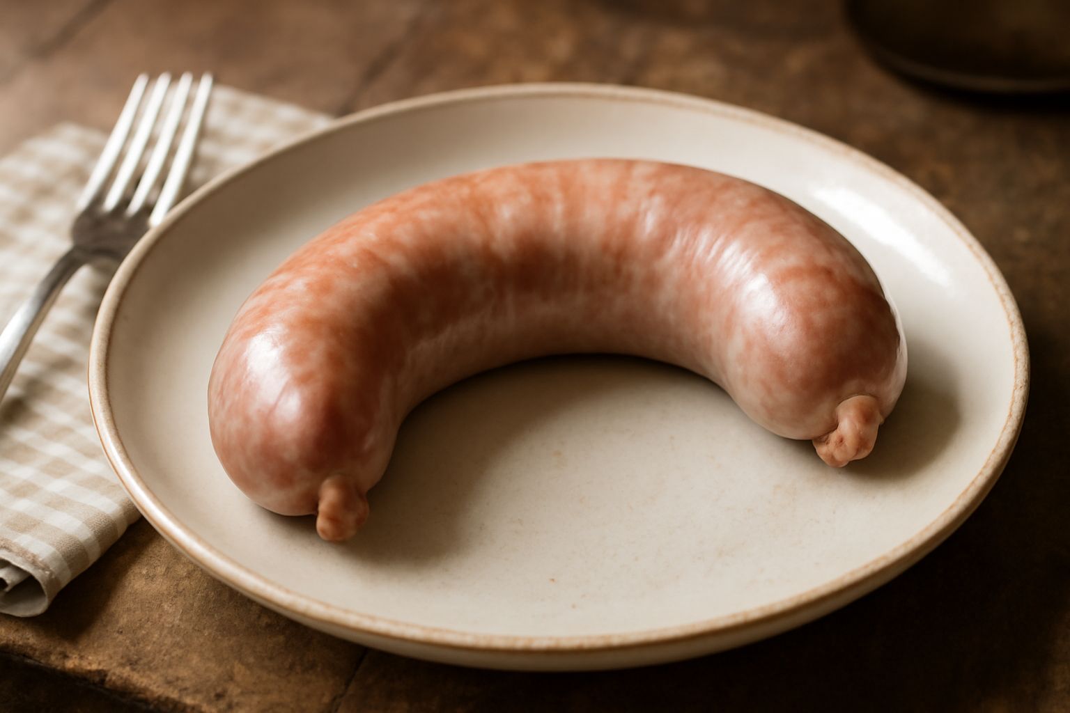 Tre salsicce fresche di montagna gonfie e dorate, crude su un tagliere di legno con aglio, rosmarino e pepe nero sparsi intorno