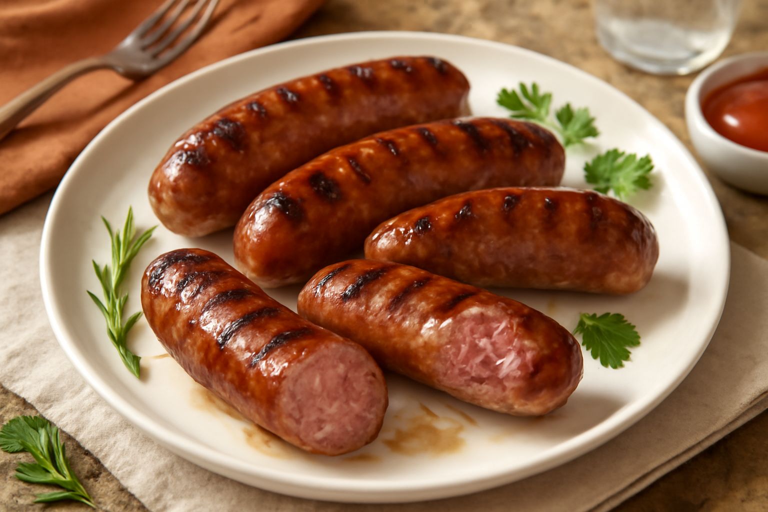 Tre salsicce fresche grigliate dorate e caramellate su griglia nera, tagliate a metà, con salsiccia che mostra interno succoso e rosato, contorno di cipolle grigliate dorate, piatto bianco