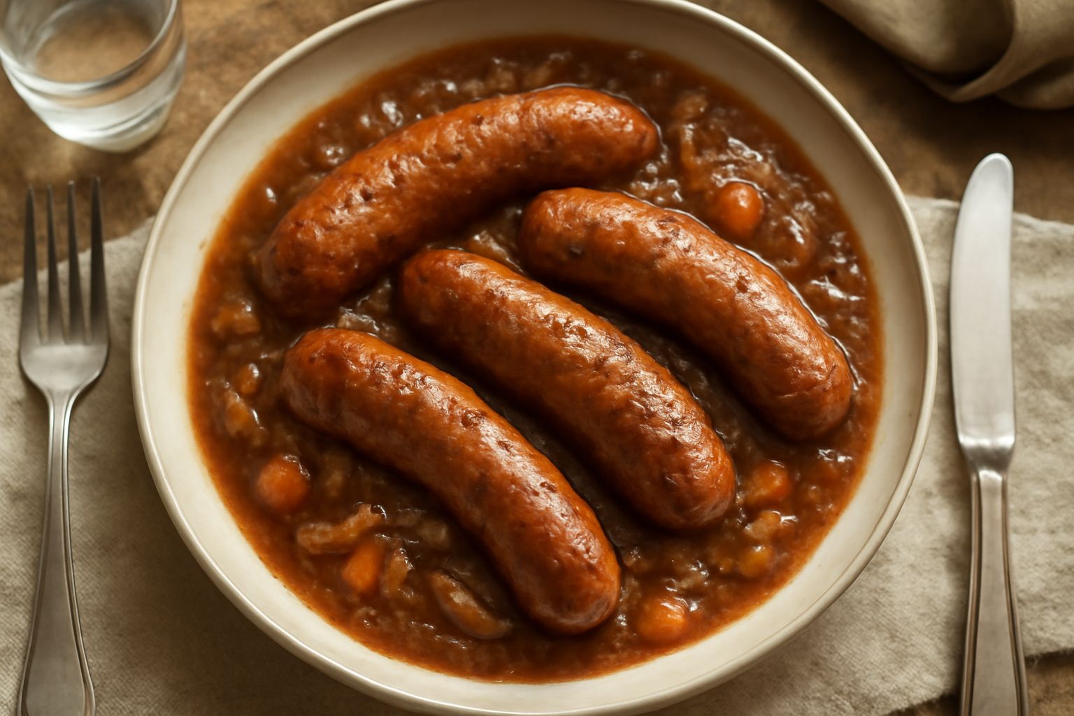 Salsicce fresche dorato-brunastre in umido in una pentola di ghisa, sommerse in un sugo marrone con pezzi di cipolla bianca e sedano, prezzemolo fresco spezzettato in superficie