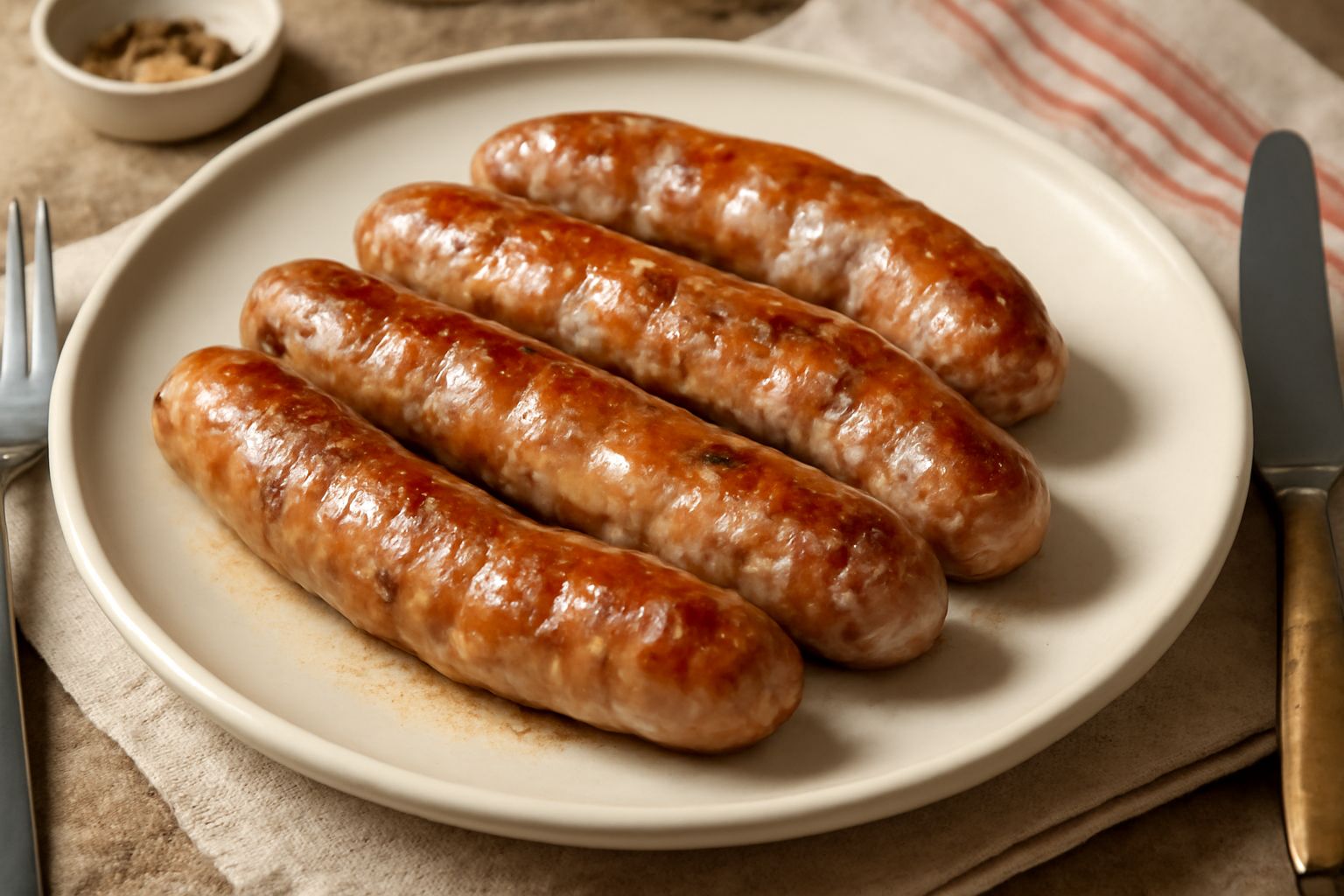 Salsiccia fresca piemontese rosata e speziata, intera e a fette, su un piatto bianco con contorno di peperoni gialli e cipolle grigliate, guarnita con prezzemolo fresco