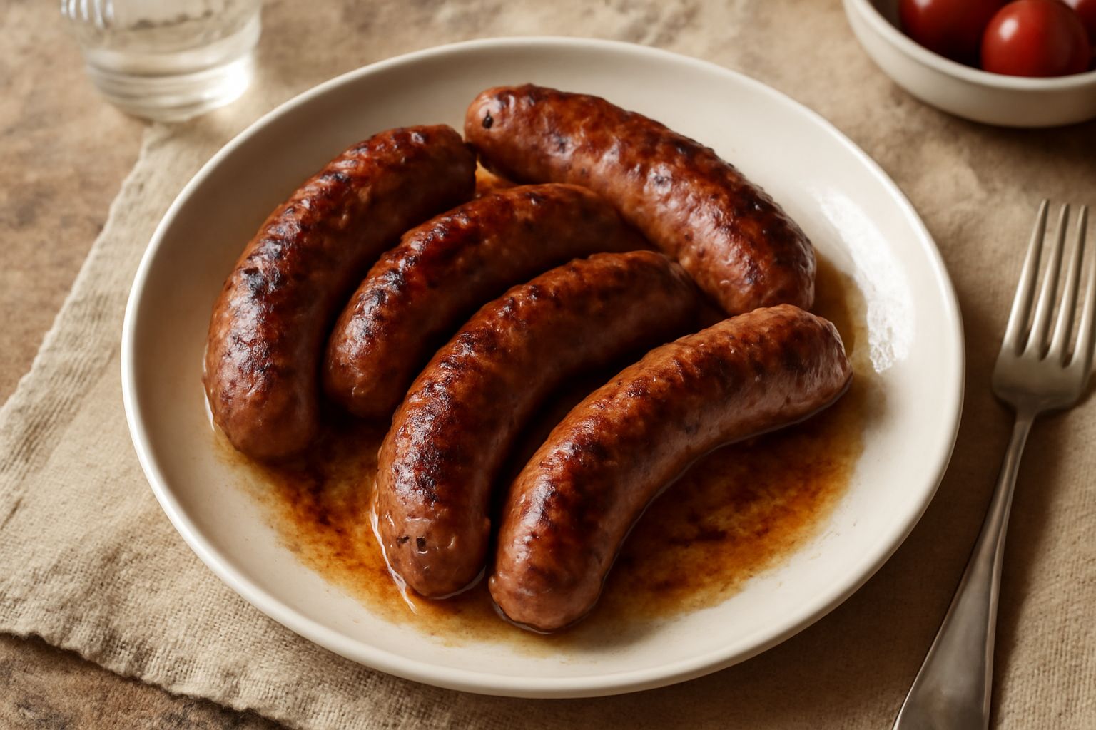 Salsiccia fresca cotta in padella, dorata e croccante sulla superficie, con succhi di cottura trasparenti e rosati, servita in un piatto bianco con accanto una fetta di pane integrale tostato