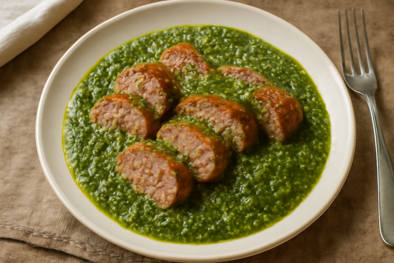 Salsiccia dorata affettata in un piatto bianco, coperta da salsa verde brillante con prezzemolo visibile, contornata da spicchi di limone fresco e pane integrale tostato