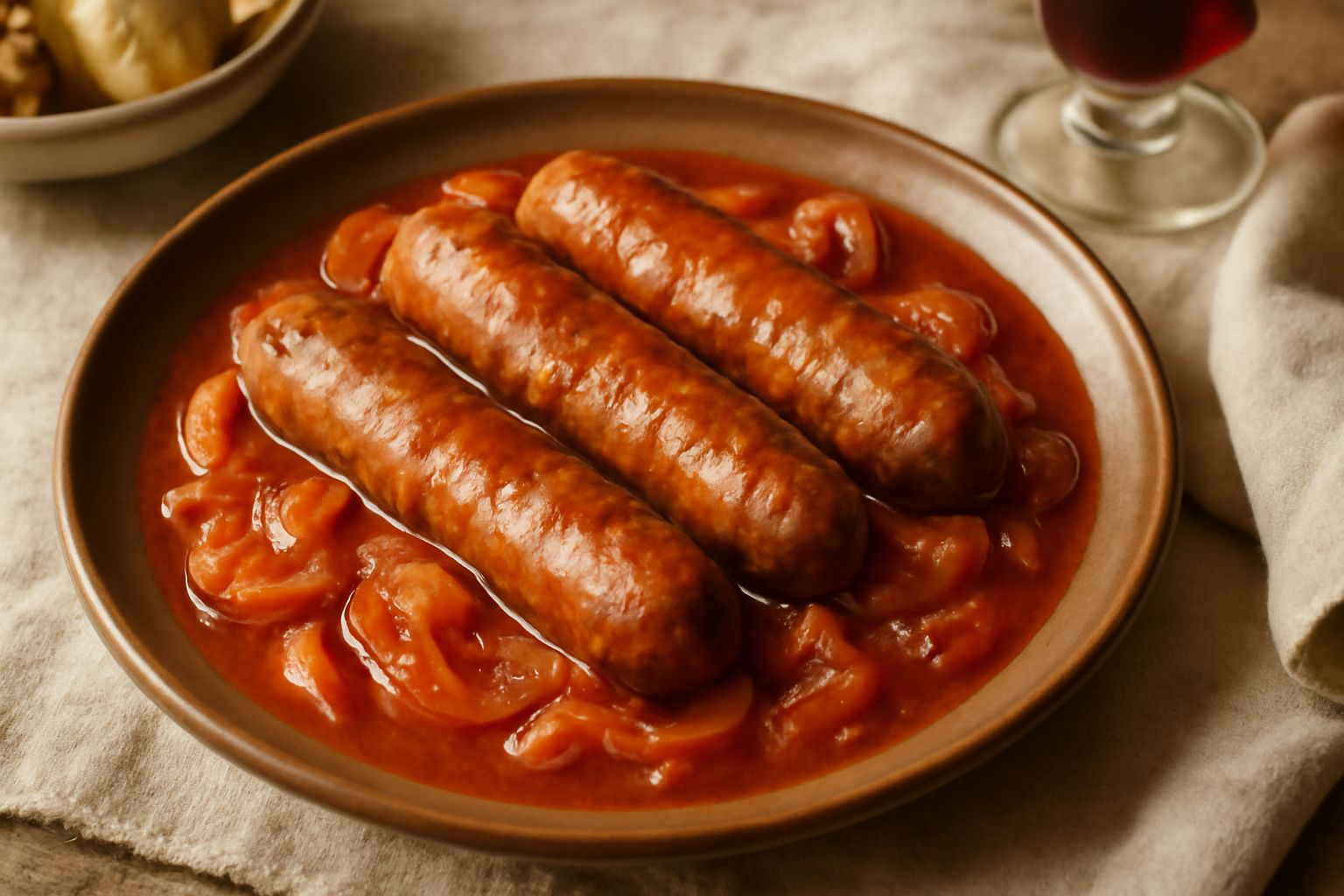 Salsicce marroni e lucide in un piatto fondo bianco, immerse in sugo rosso con pomodori, contornate da cipolla dorata, con prezzemolo fresco sparso sopra