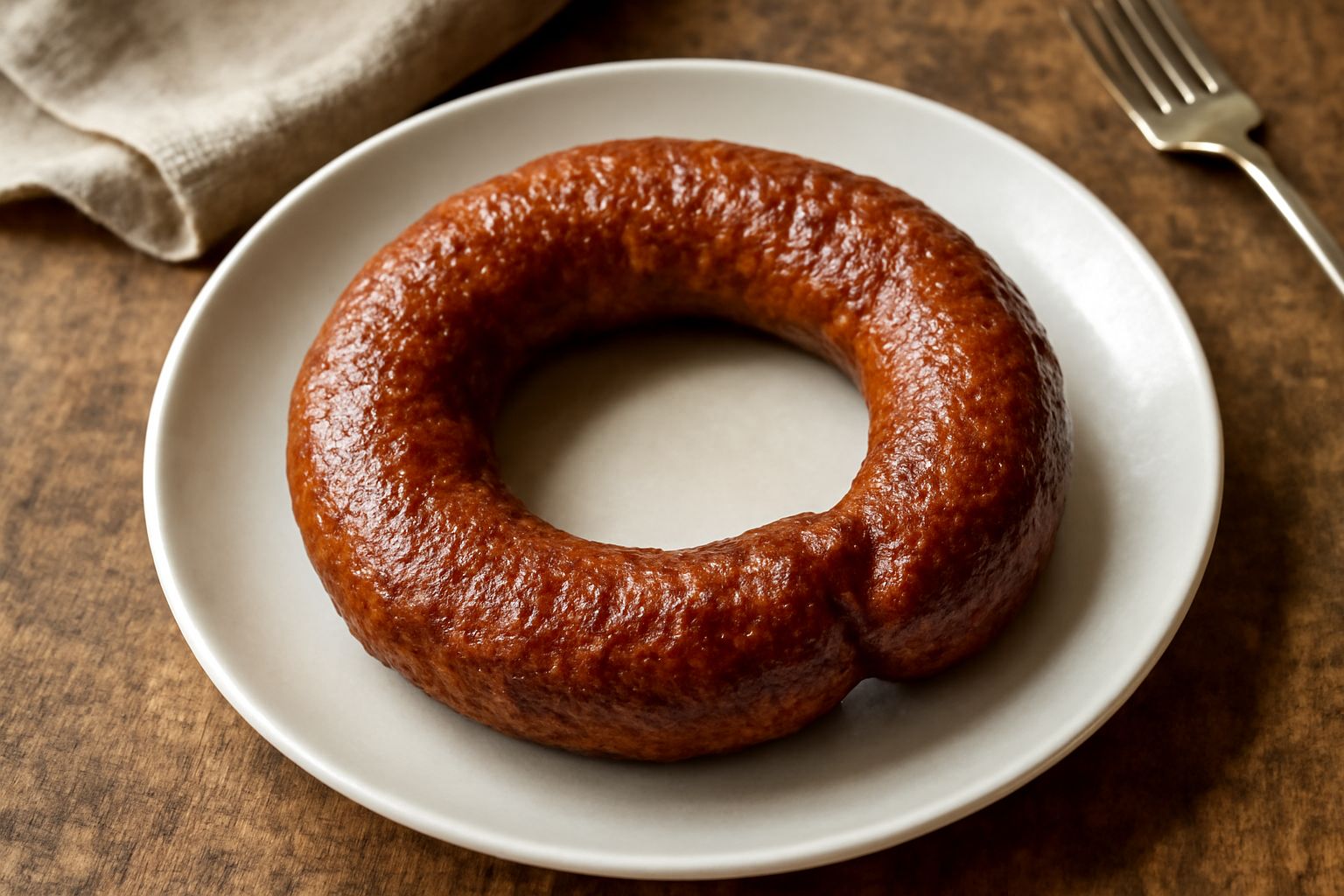 Tre salsicce lucane fritte dorate e croccanti in un piatto bianco, su un fondo di carta assorbente, con un contorno di verdure grigliate sfuocato