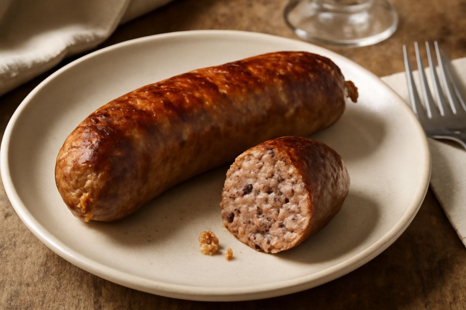 Salsiccia marchigiana dorata e leggermente croccante in padella, con buccia lucida, servita su piatto bianco con contorno di verdure grigliate e pane tostato
