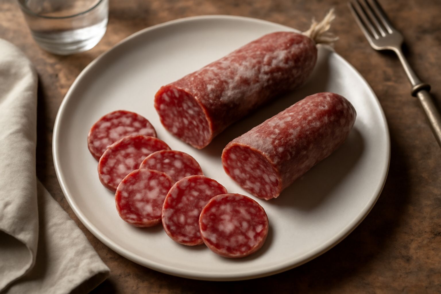 Salsicce secche tagliate a fette su un tagliere di legno, colore rosso scuro marmorizzato, sfondo bianco e neutro