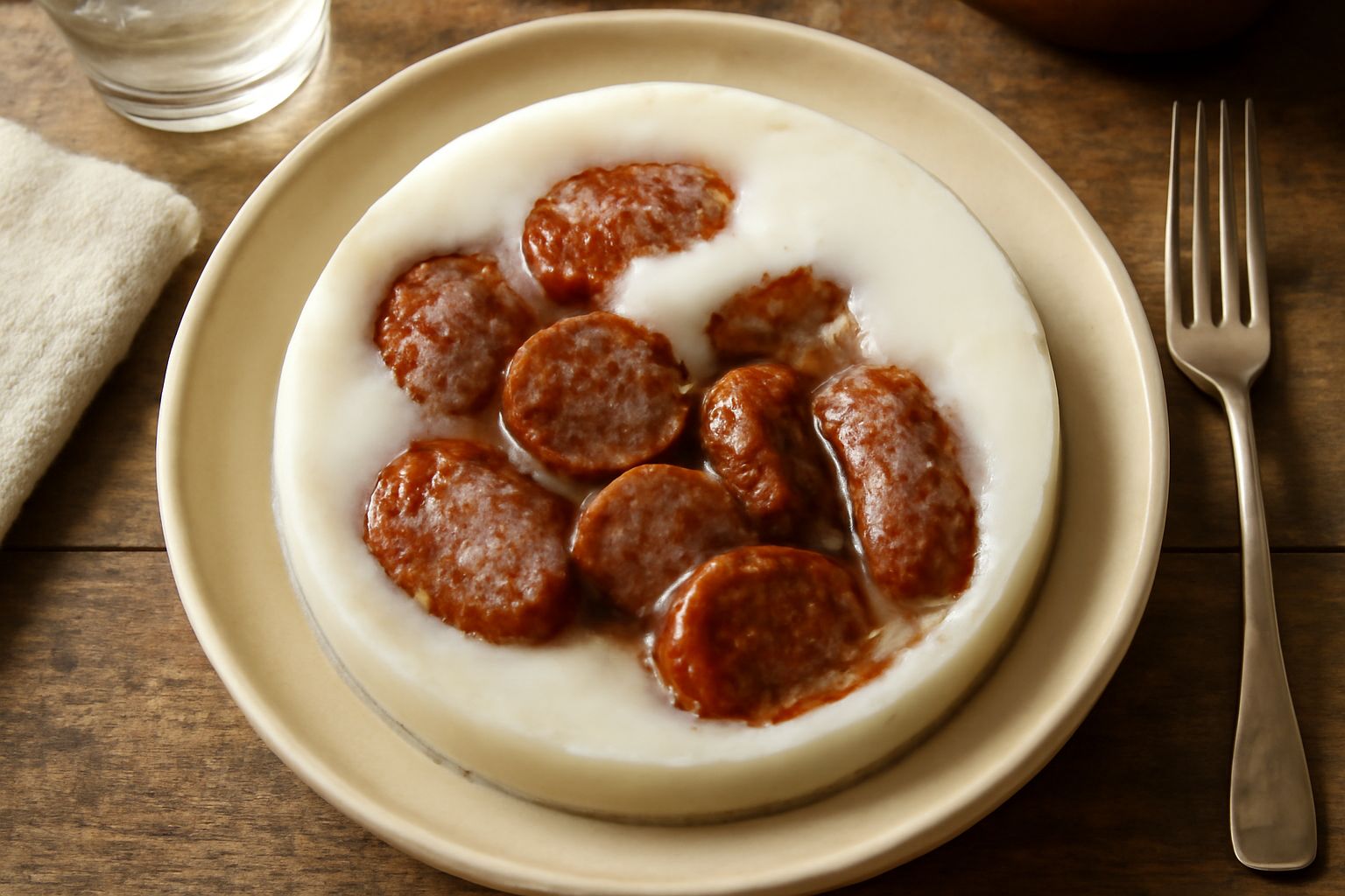 Salsicce dorate disposte in un vasetto di terracotta coperte da uno strato di grasso bianco lucido, con erbe aromatiche sparse in superficie e bordo del contenitore visibile