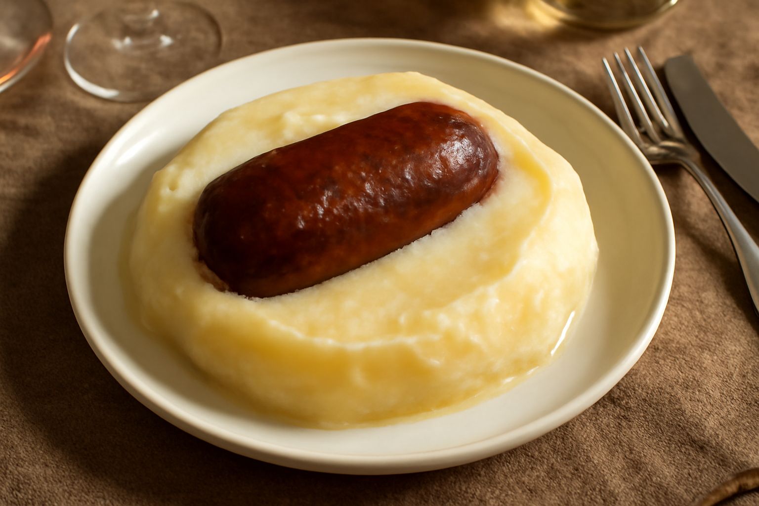 Salsicce brunastre e lucide immerse in strutto bianco semitrasparente dentro un barattolo di vetro, con luce naturale da lato