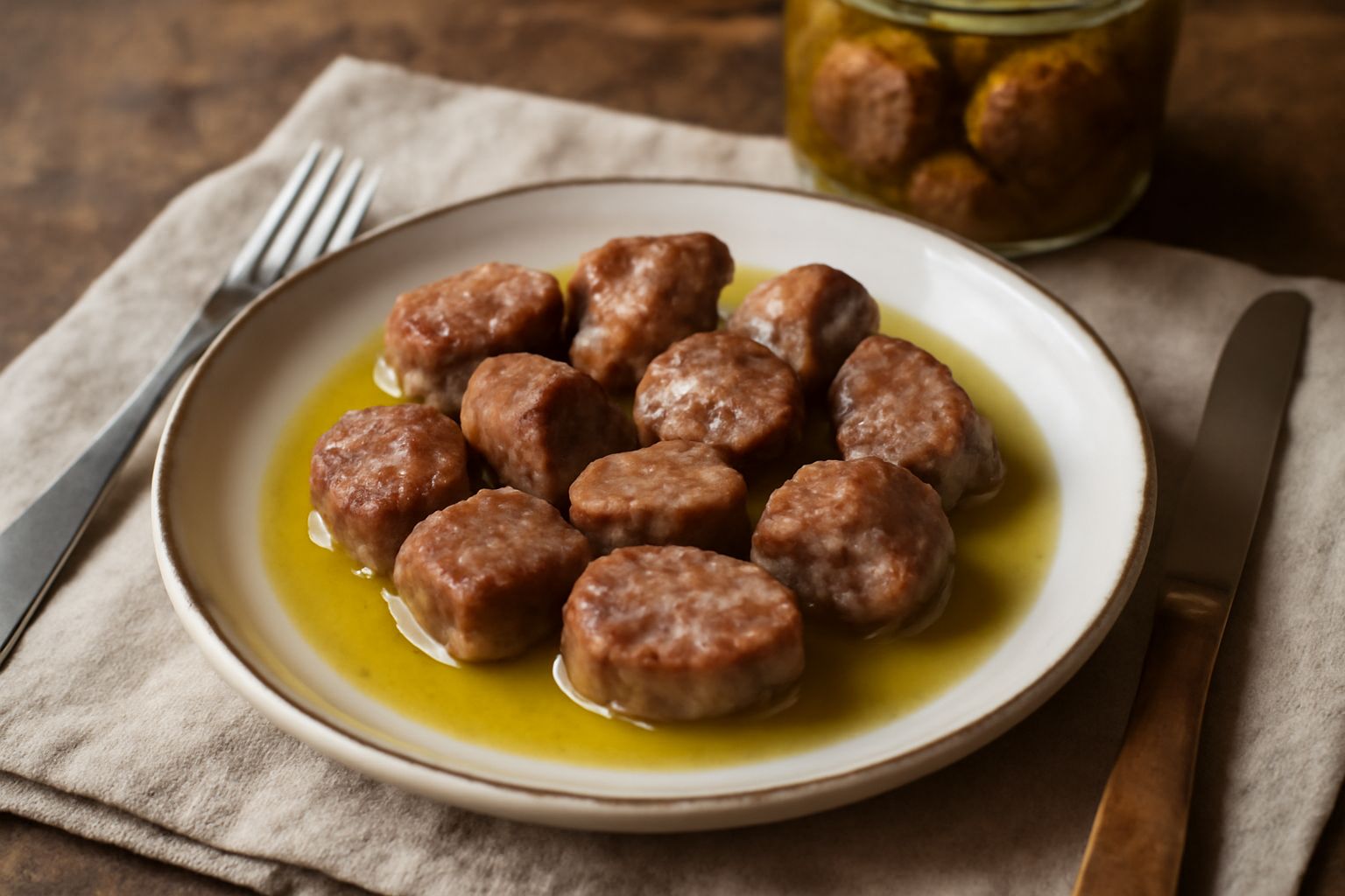 Vasetto di vetro trasparente riempito di salsiccia tagliata in fette su fondo bianco, sommersa in olio giallo dorato limpido, con spicchi d'aglio e ramo di rosmarino fresco, coperchio chiuso