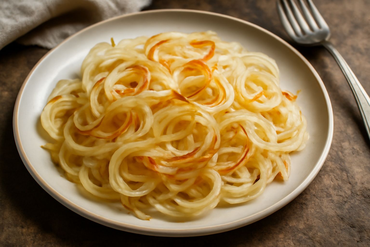 Cipolle dorate e croccanti saltate in padella, leggermente caramellate ai bordi, servite in un piatto bianco con un filo d'olio d'oliva visibile