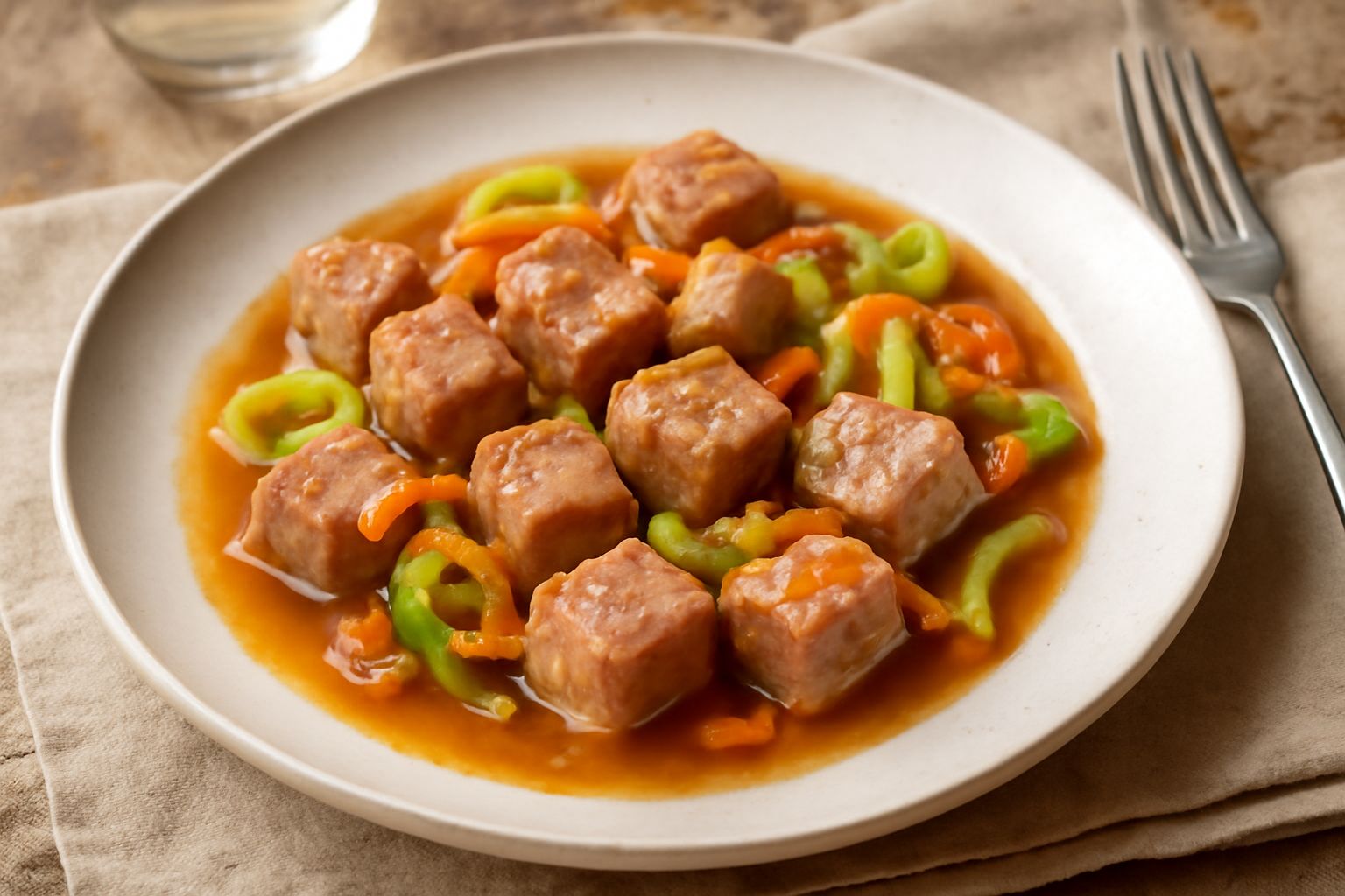 Piatto di saltato di vitello con cubetti rosati di carne, salsa trasparente color ambra, sedano e carota affettati fini in base, servito su piatto bianco con cucchiaio d'argento accanto