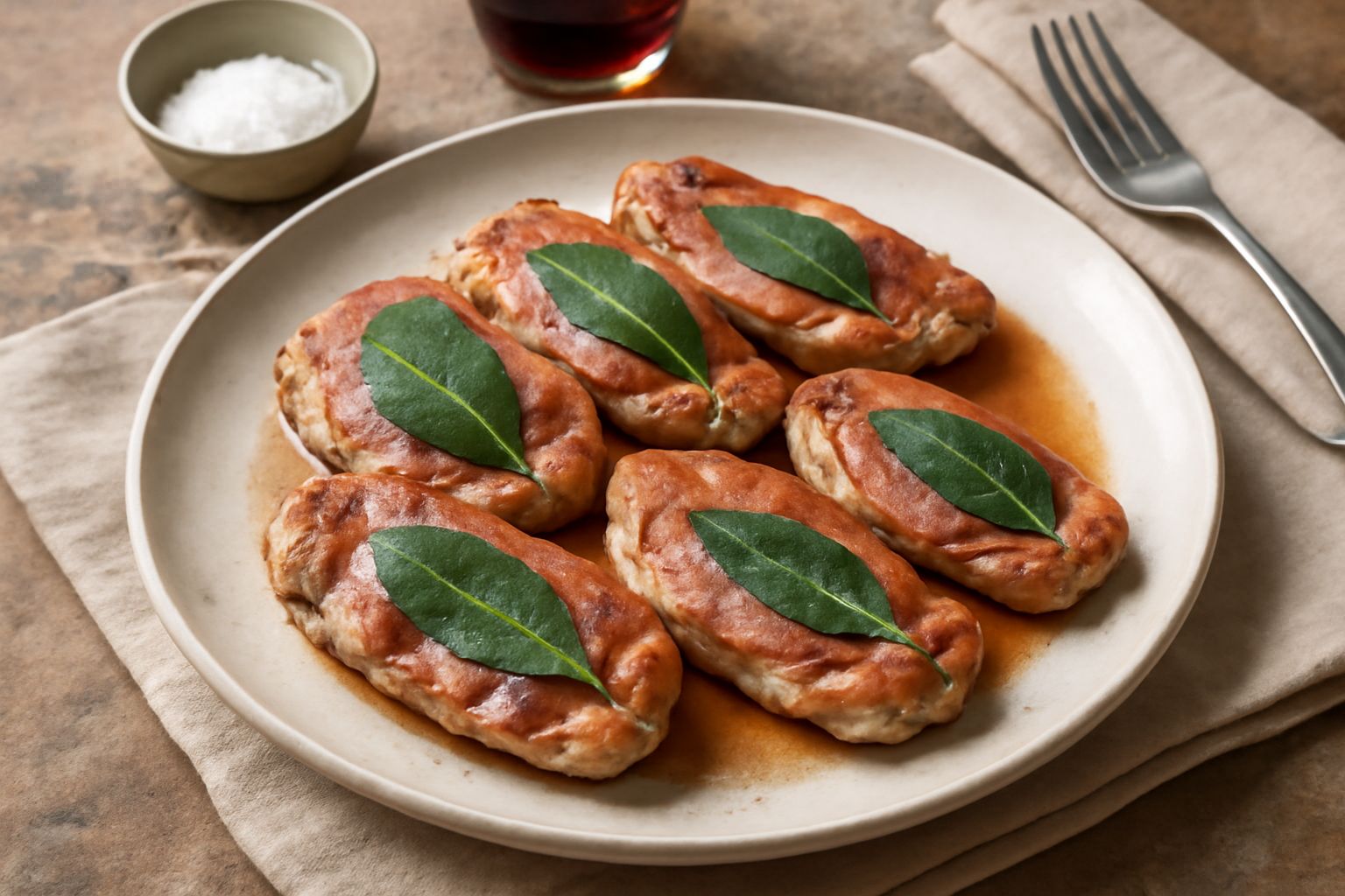 Tre saltimbocca rosolati color dorato in una padella bianca, ricoperti da prosciutto rosso pallido e una foglia di salvia verde su ciascuno, con liquido di cottura trasparente intorno