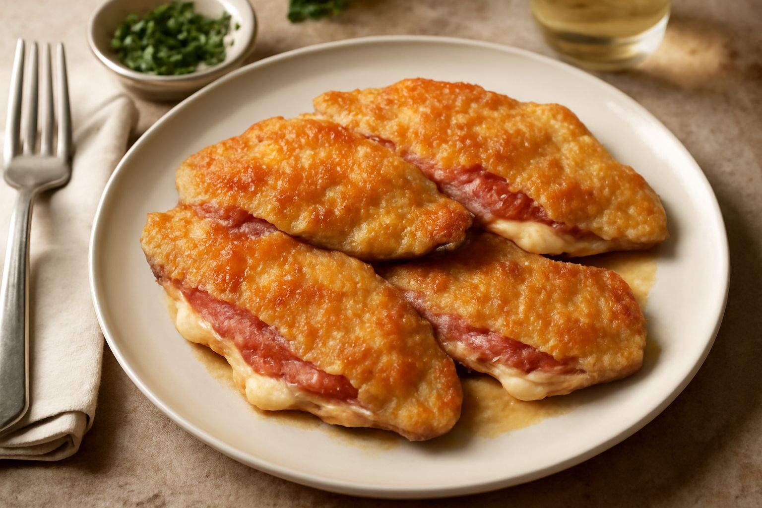 Tre saltimbocca alla barese dorati disposti nel piatto bianco, guarniti con limone fresco e prezzemolo verde, con il formaggio fuso leggermente tirato verso l'alto, contorno di melanzane grigliate sfu